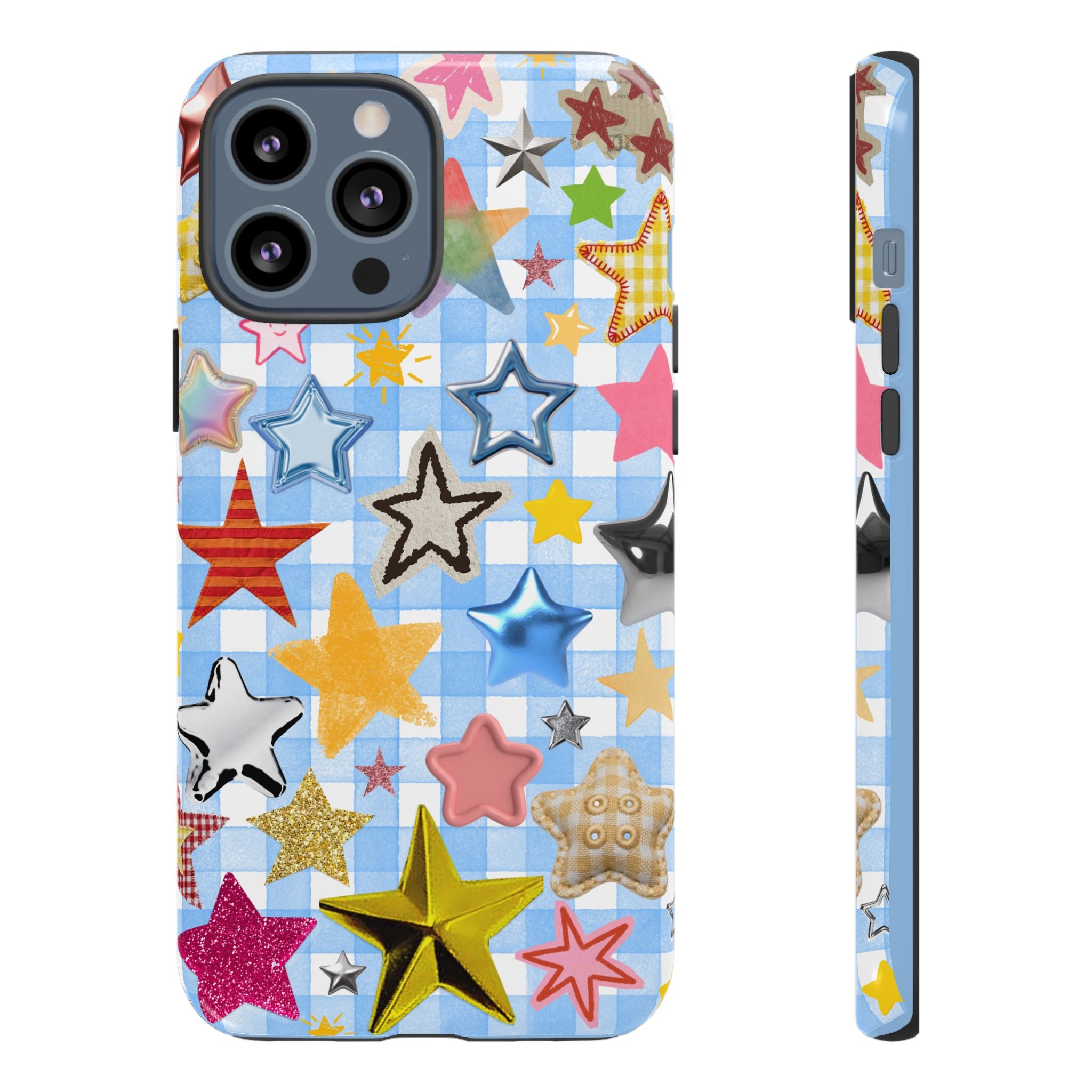 Star Pattern Phone Case – Colorful Stars on Blue Gingham Phone Case
