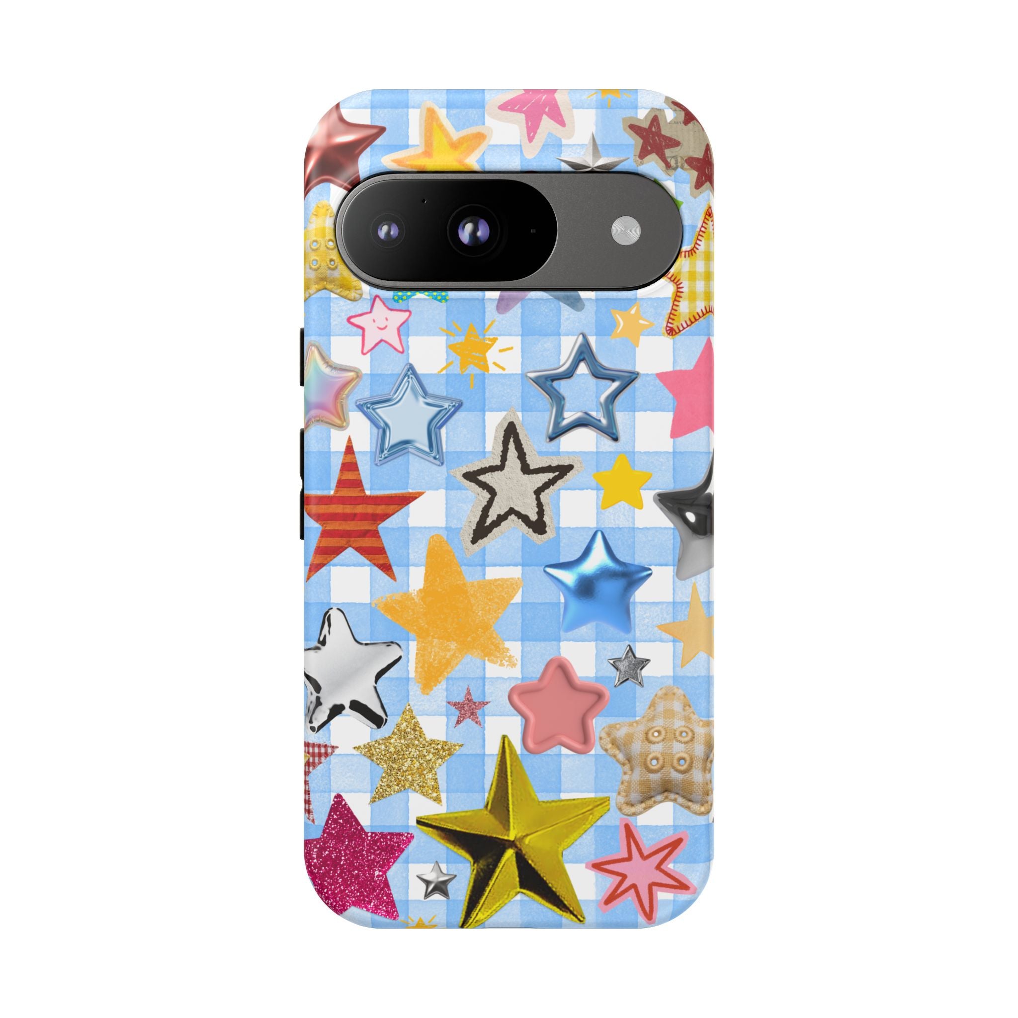 Star Pattern Phone Case – Colorful Stars on Blue Gingham Phone Case