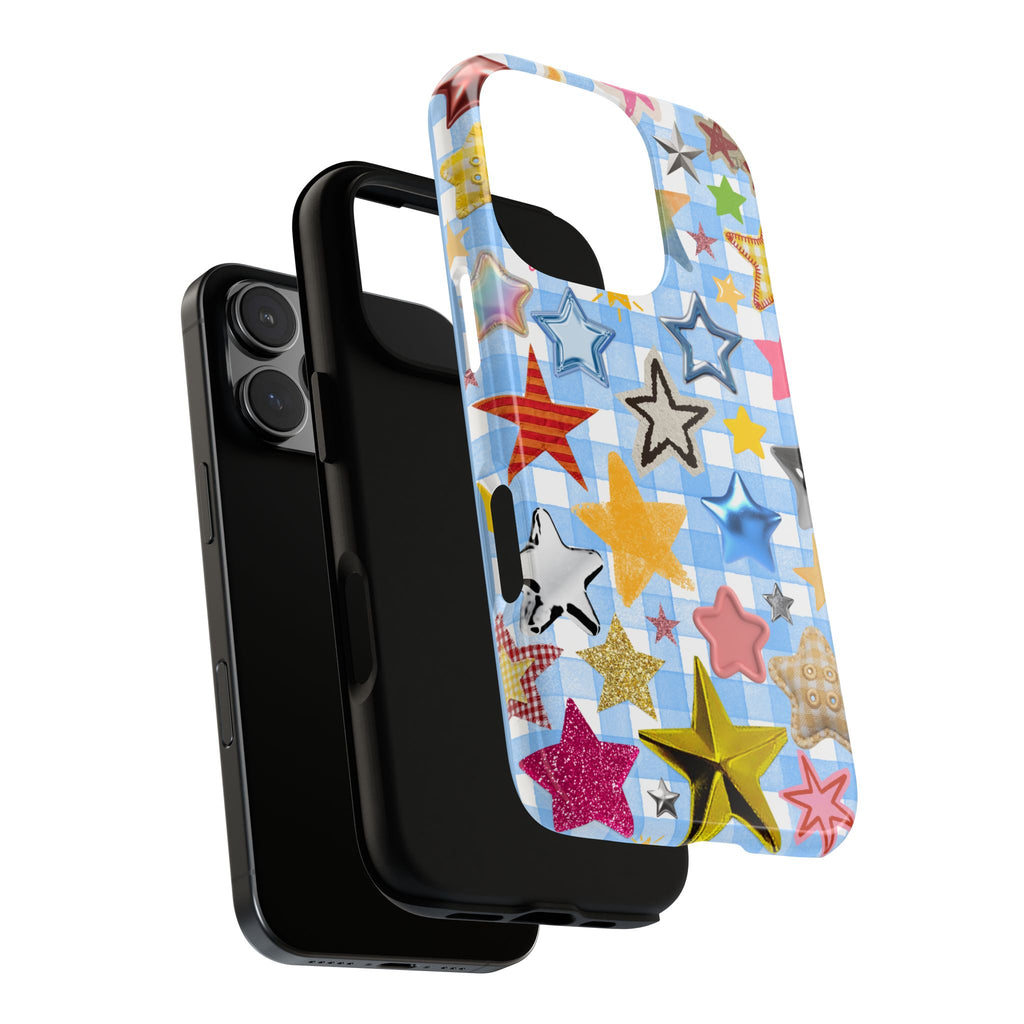 Star Pattern Phone Case – Colorful Stars on Blue Gingham Phone Case