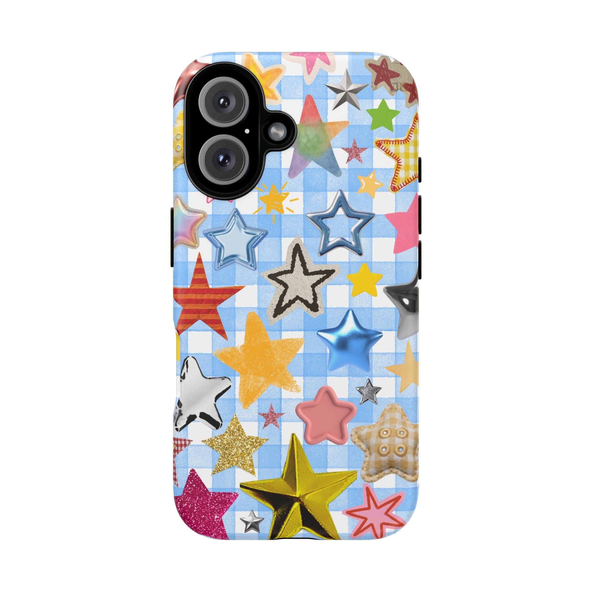 Star Pattern Phone Case – Colorful Stars on Blue Gingham Phone Case