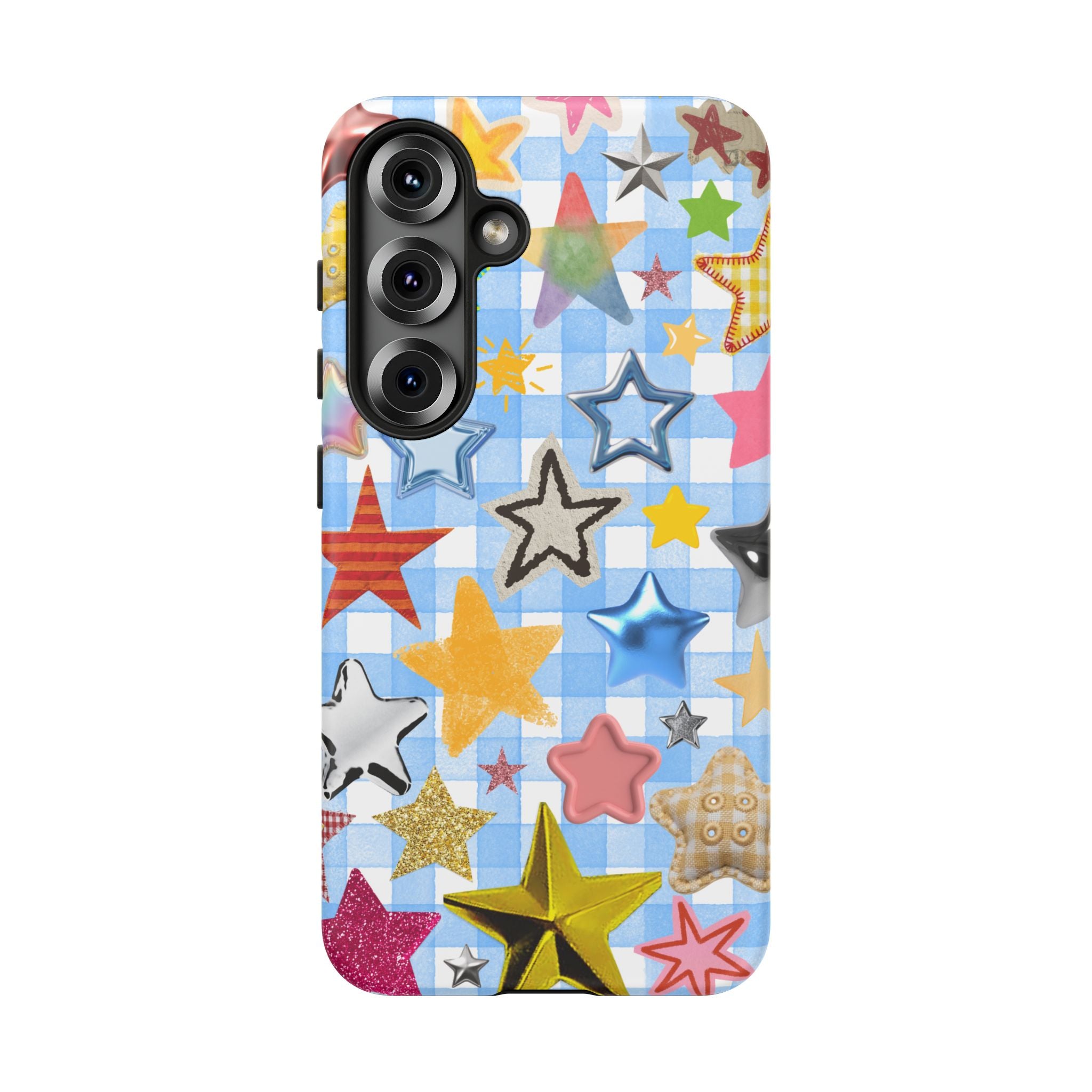 Star Pattern Phone Case – Colorful Stars on Blue Gingham Phone Case