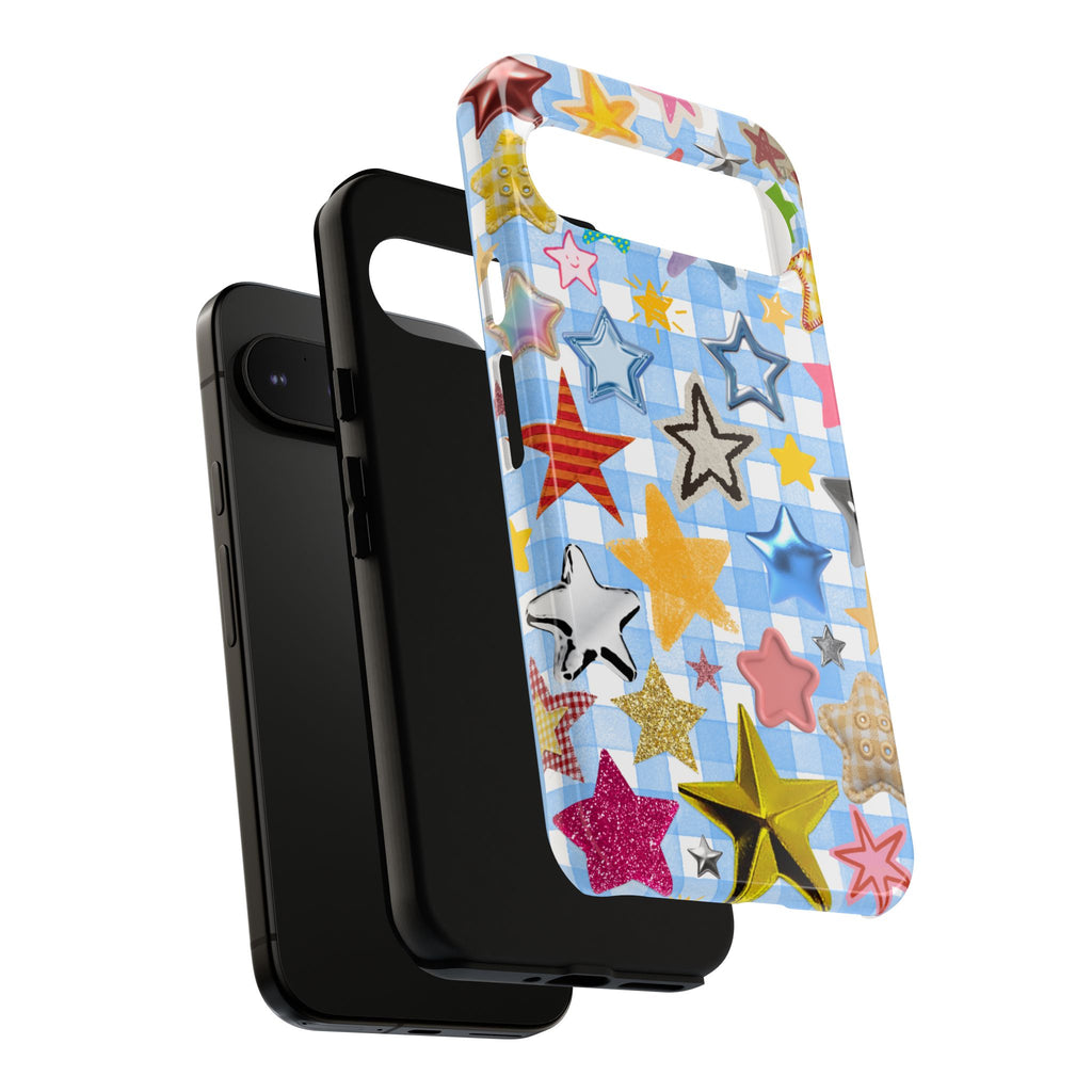 Star Pattern Phone Case – Colorful Stars on Blue Gingham Phone Case