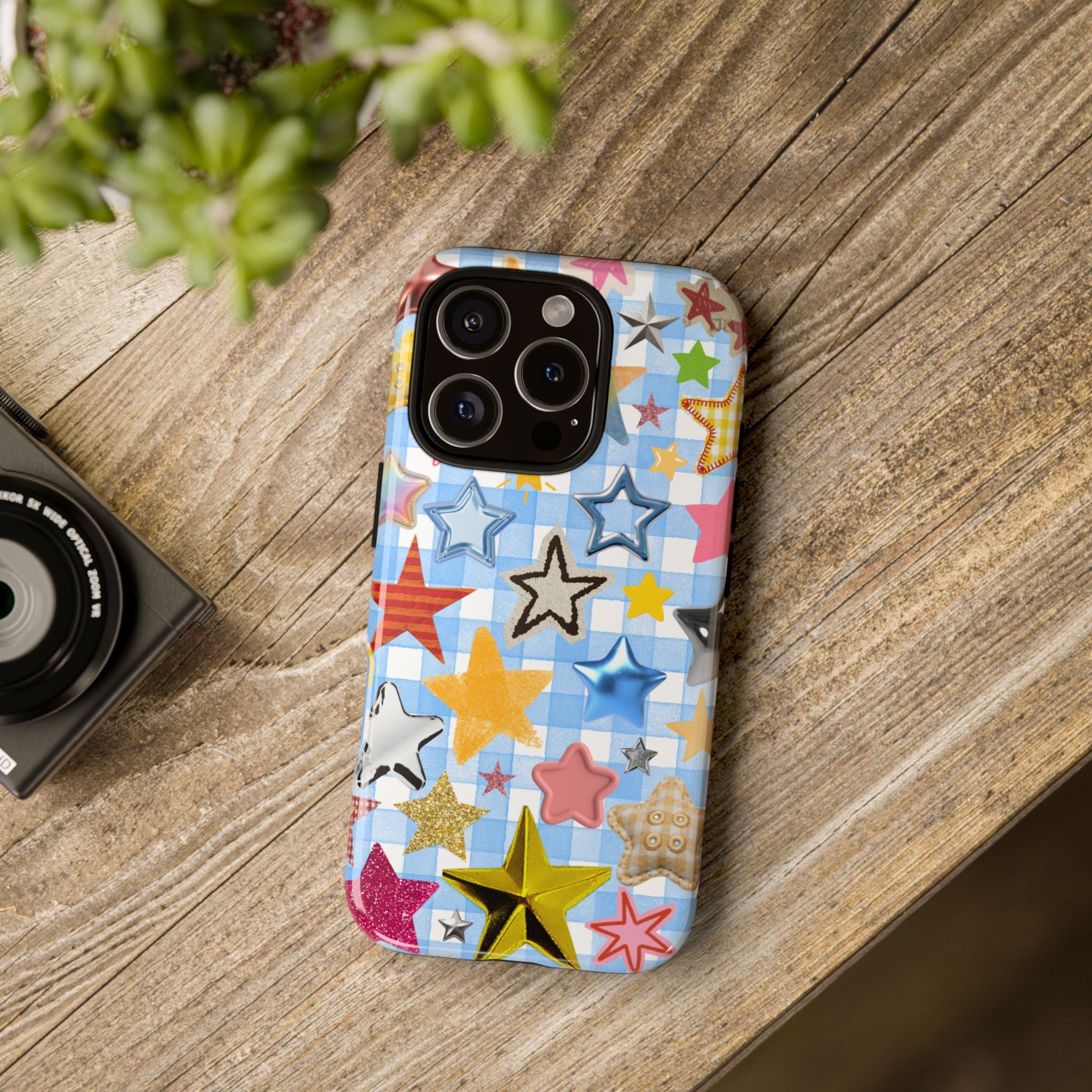 Star Pattern Phone Case – Colorful Stars on Blue Gingham Phone Case