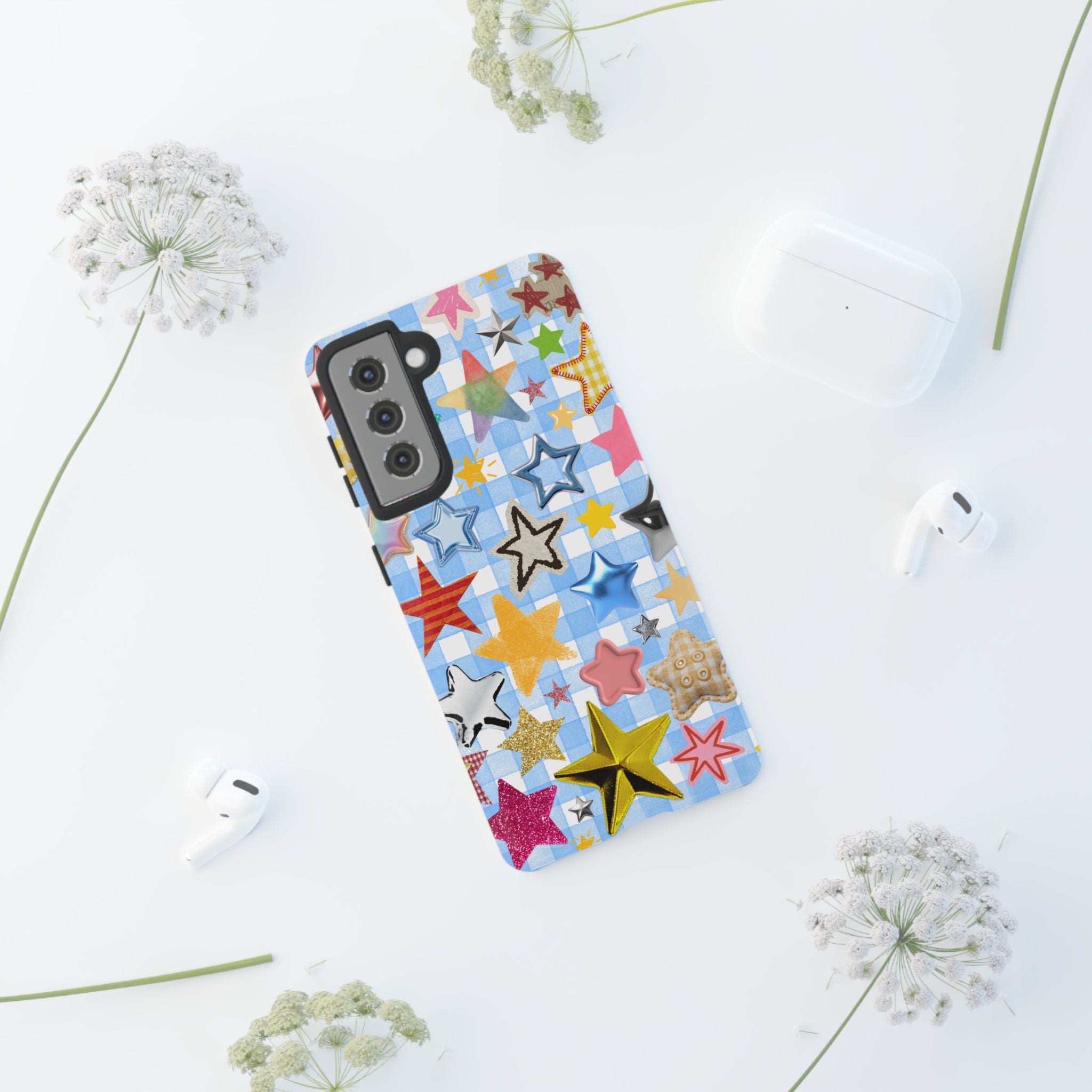 Star Pattern Phone Case – Colorful Stars on Blue Gingham Phone Case