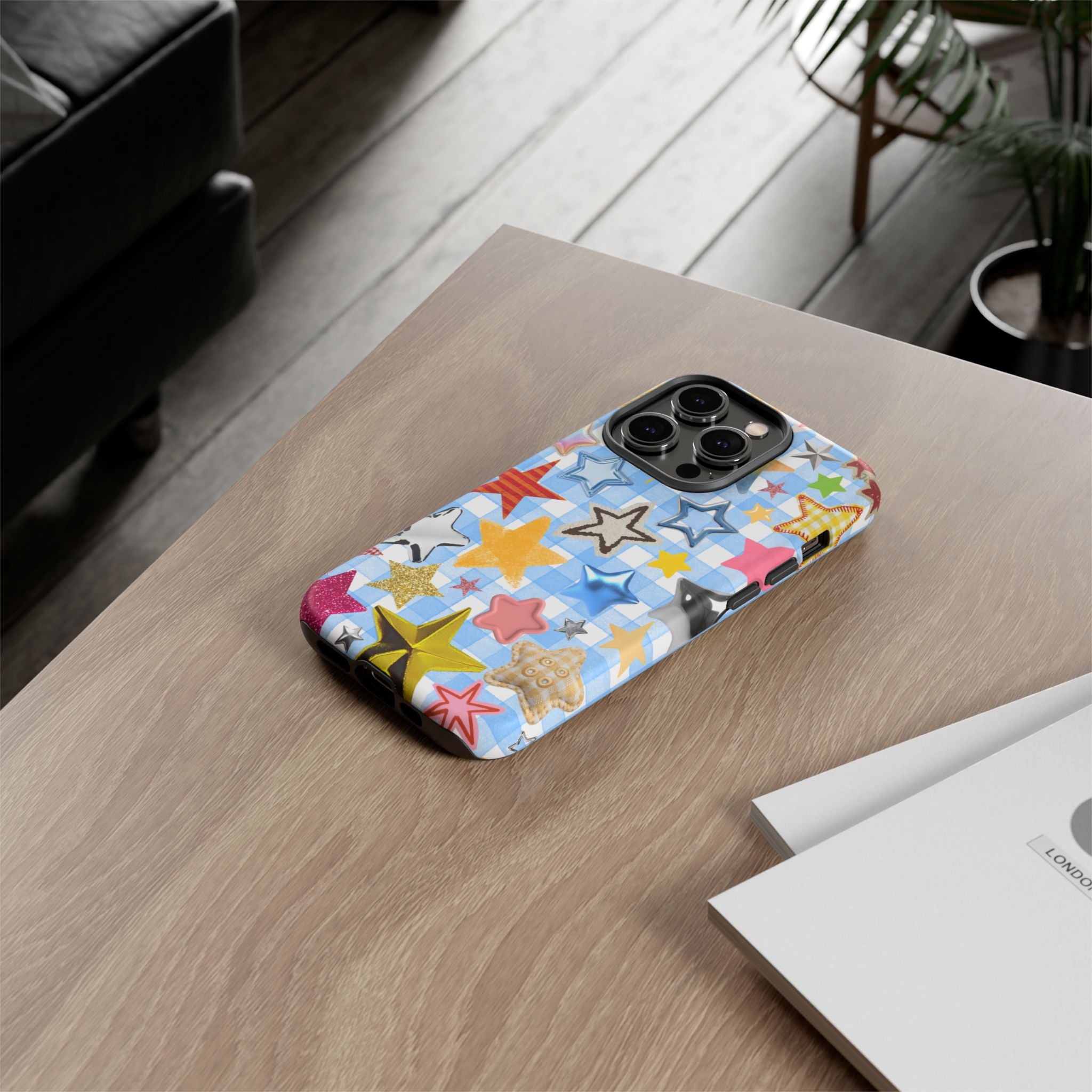 Star Pattern Phone Case – Colorful Stars on Blue Gingham Phone Case