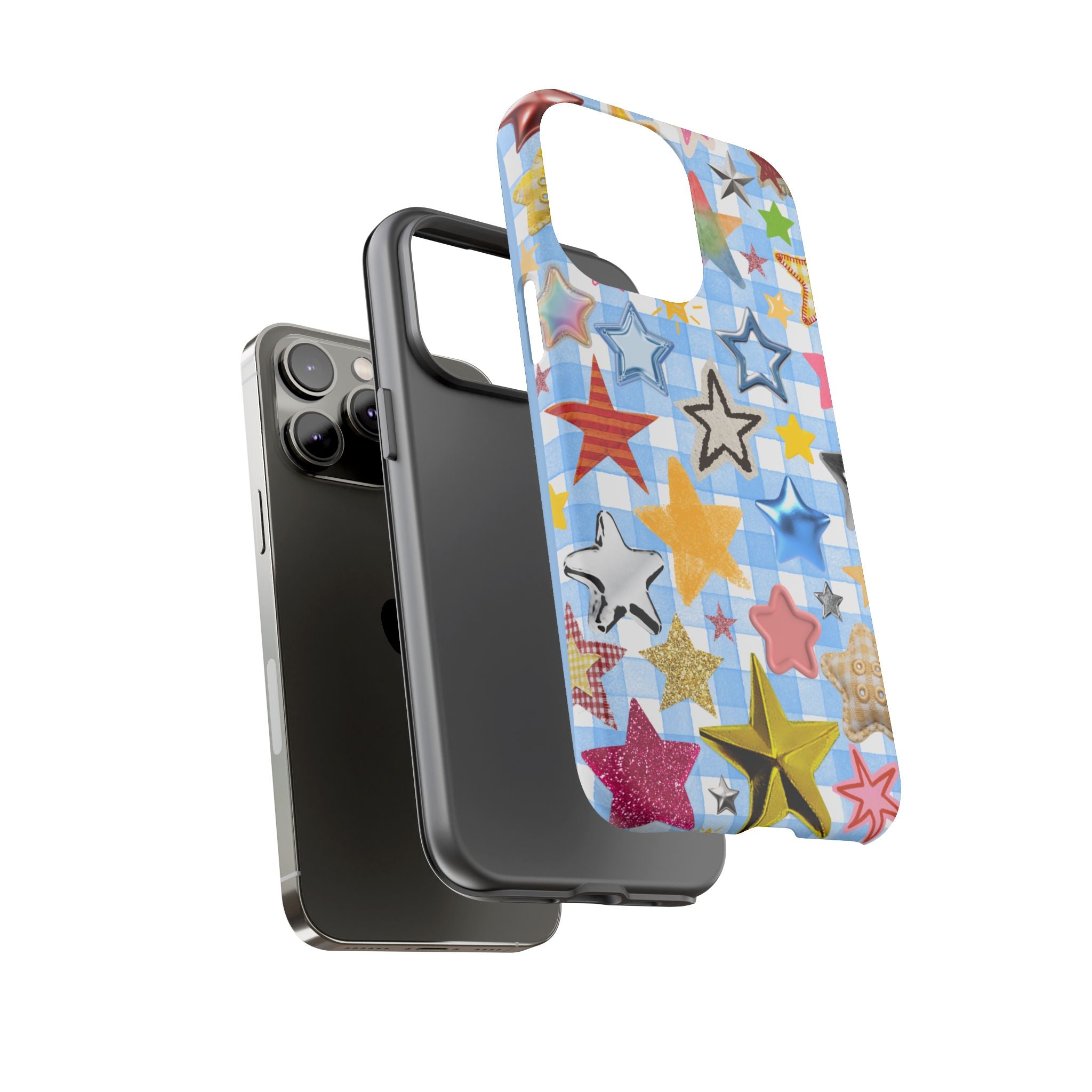 Star Pattern Phone Case – Colorful Stars on Blue Gingham Phone Case