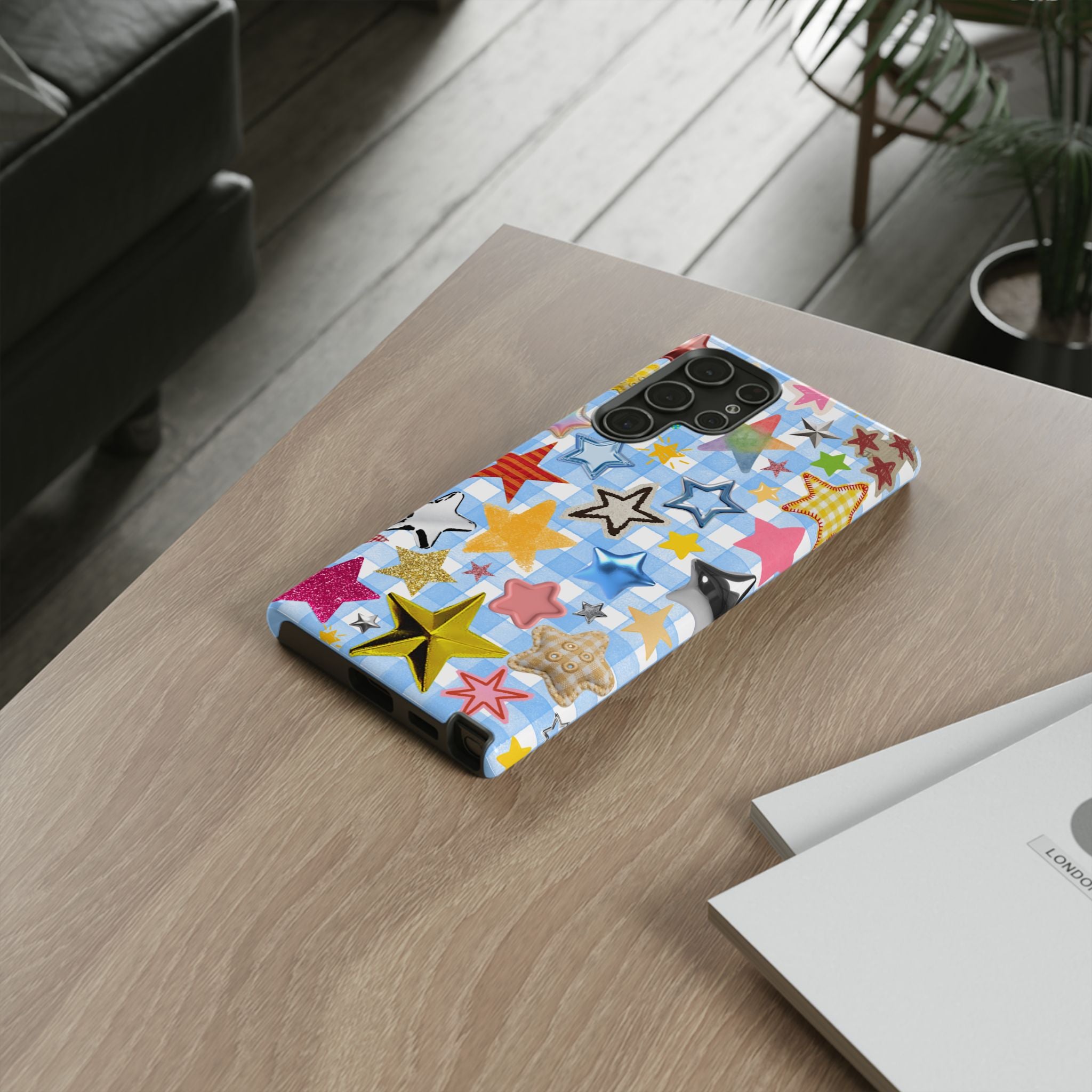 Star Pattern Phone Case – Colorful Stars on Blue Gingham Phone Case