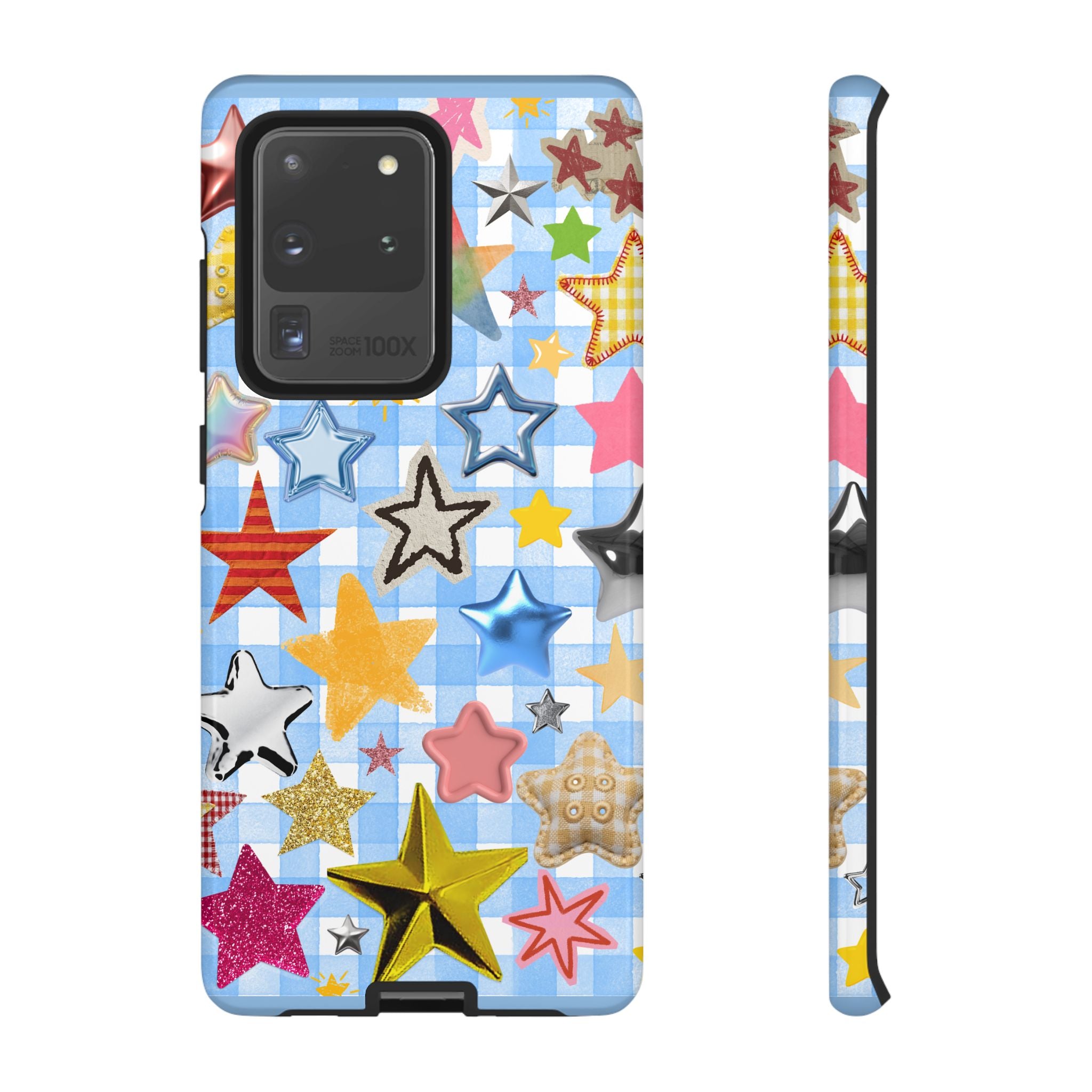 Star Pattern Phone Case – Colorful Stars on Blue Gingham Phone Case