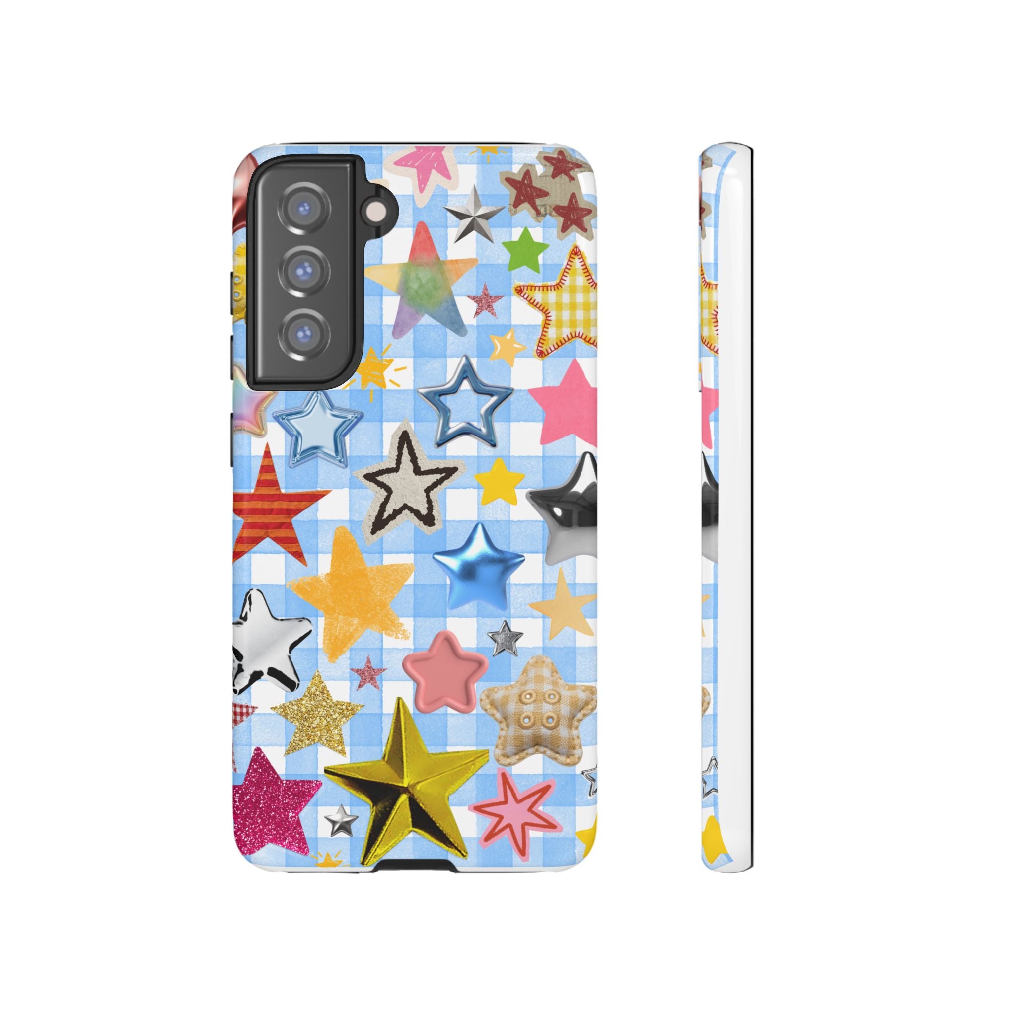 Star Pattern Phone Case – Colorful Stars on Blue Gingham Phone Case