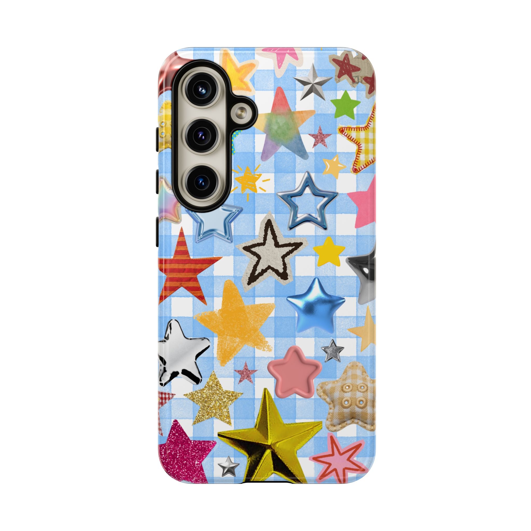 Star Pattern Phone Case – Colorful Stars on Blue Gingham Phone Case
