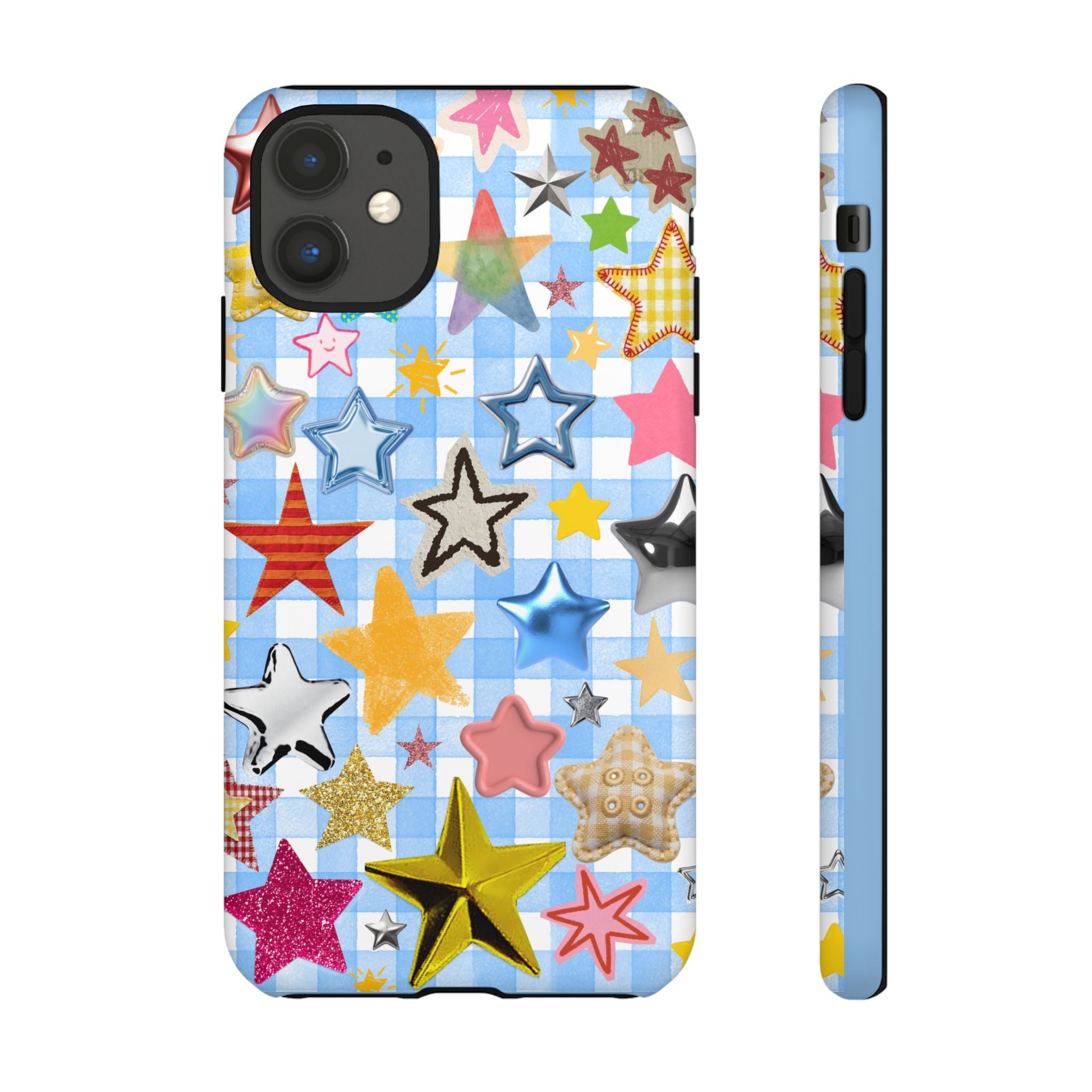 Star Pattern Phone Case – Colorful Stars on Blue Gingham Phone Case