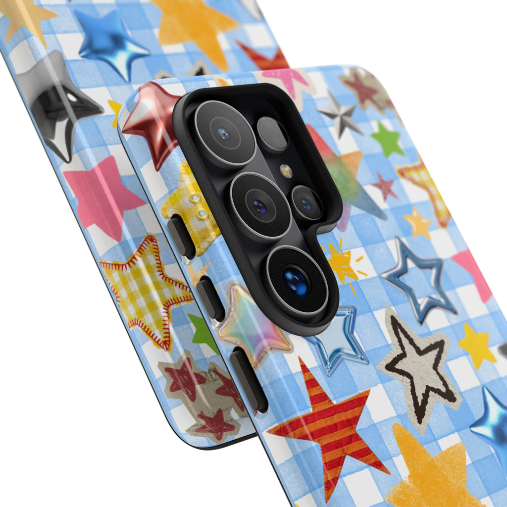 Star Pattern Phone Case – Colorful Stars on Blue Gingham Phone Case