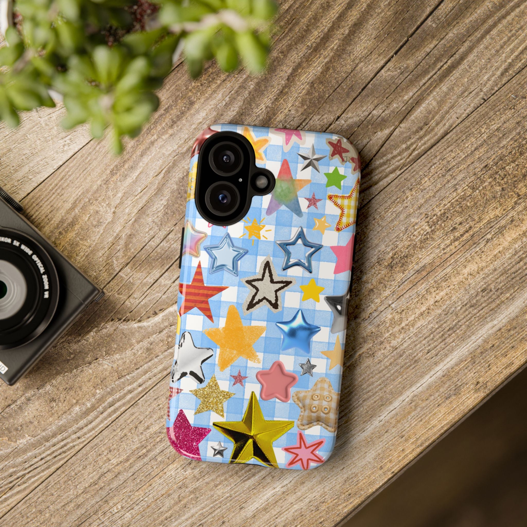 Star Pattern Phone Case – Colorful Stars on Blue Gingham Phone Case
