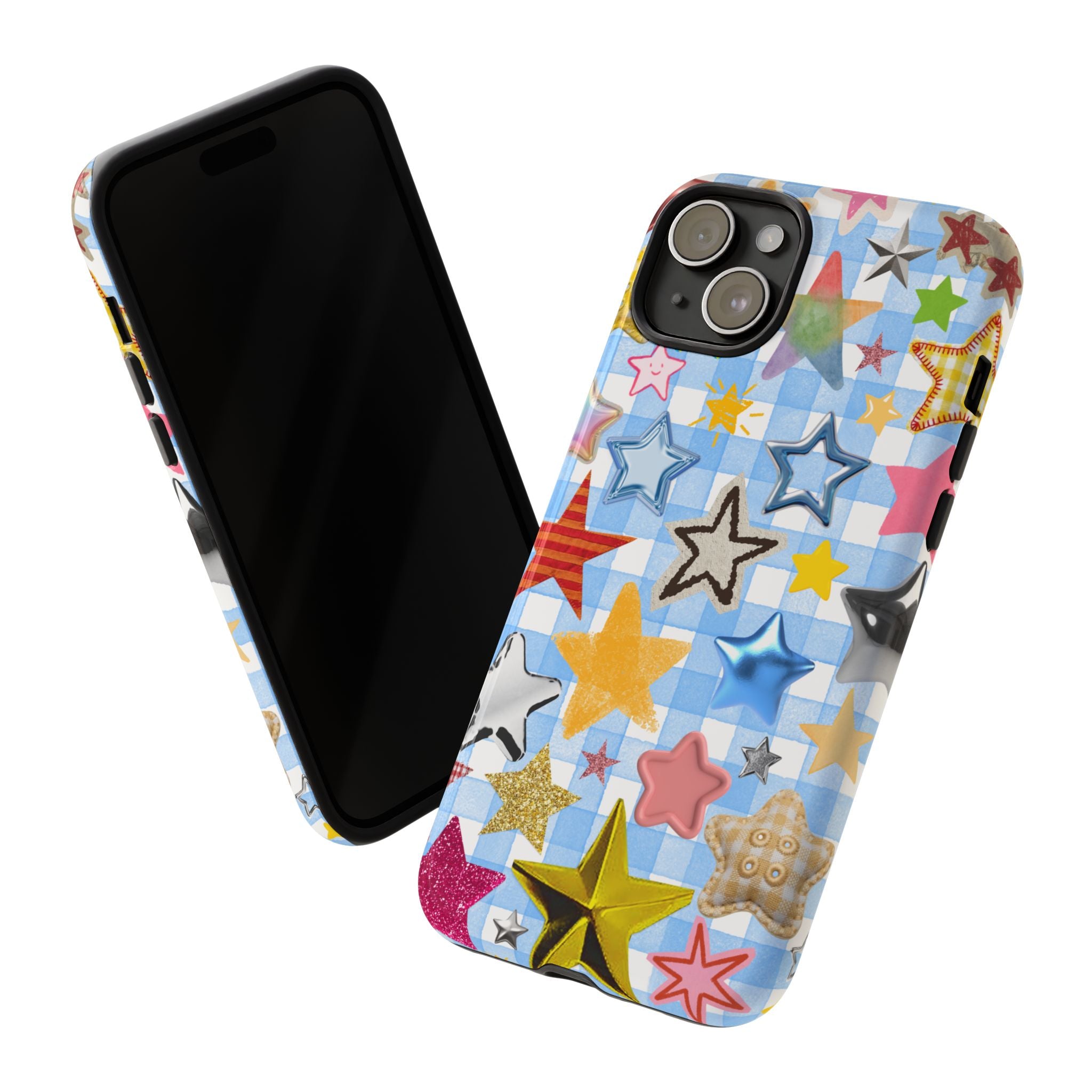 Star Pattern Phone Case – Colorful Stars on Blue Gingham Phone Case