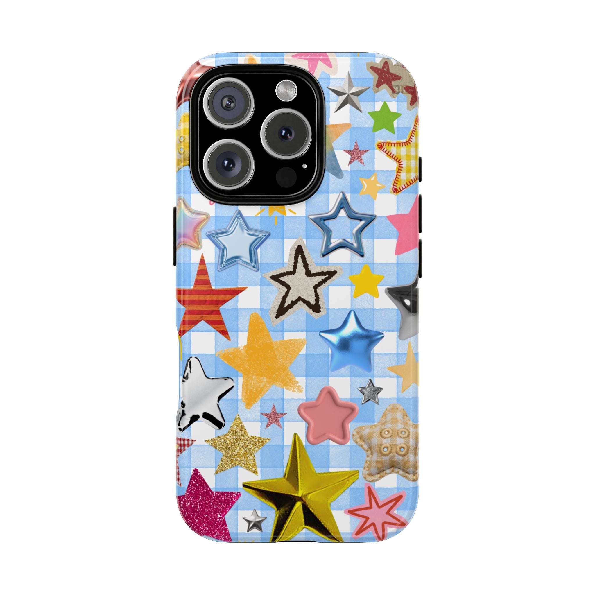 Star Pattern Phone Case – Colorful Stars on Blue Gingham Phone Case