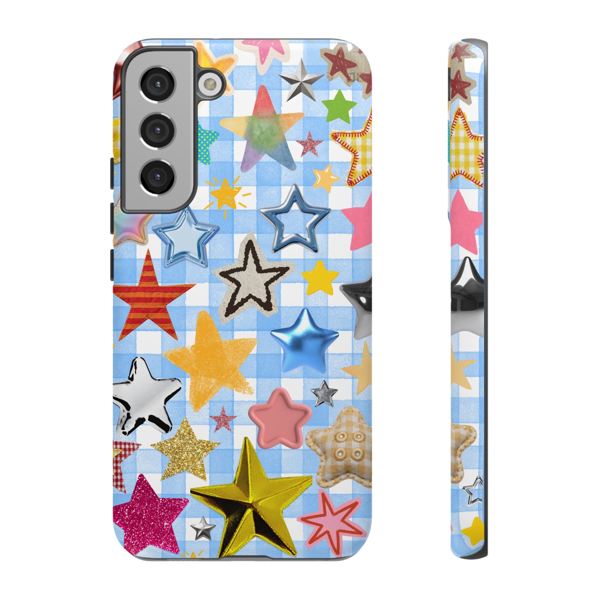 Star Pattern Phone Case – Colorful Stars on Blue Gingham Phone Case