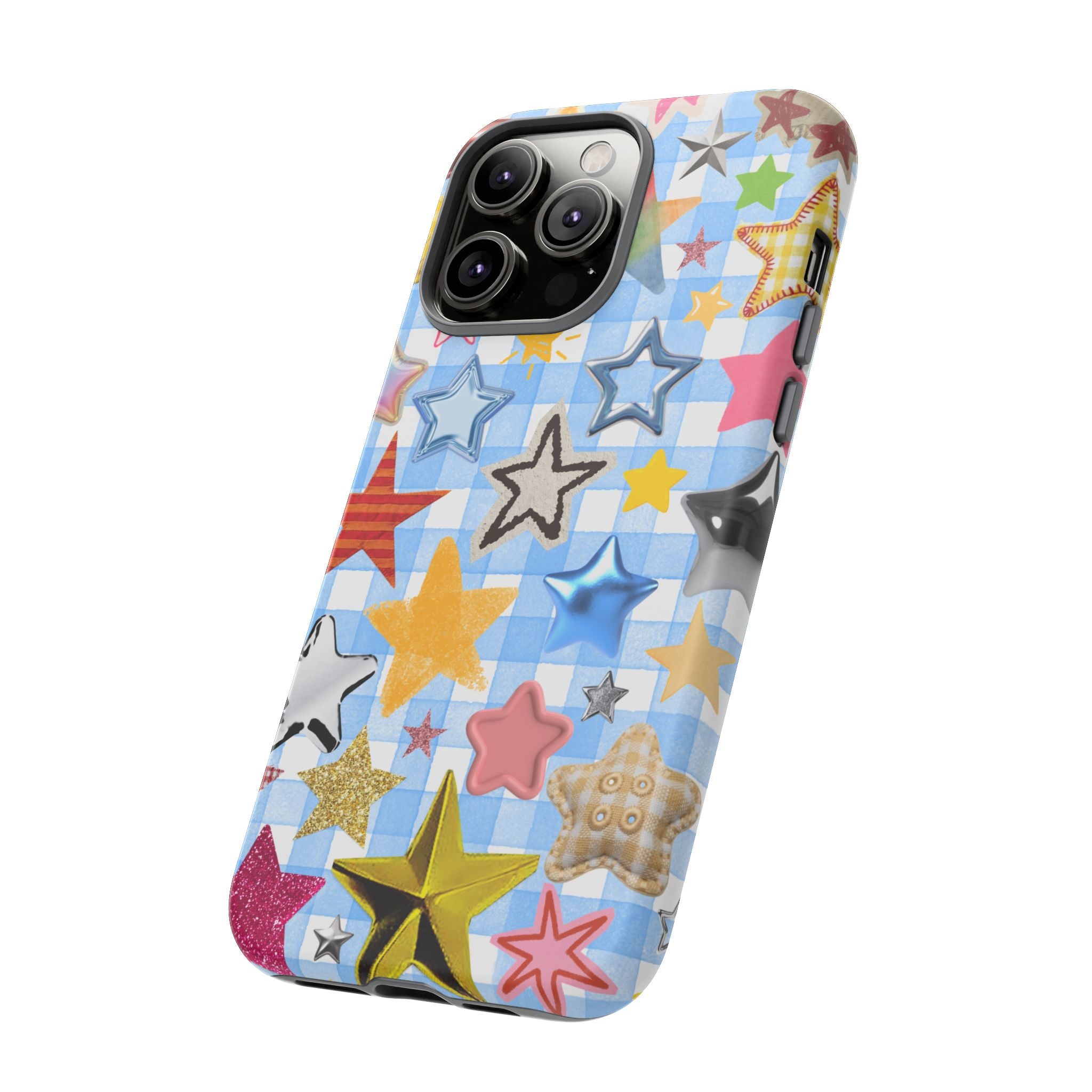 Star Pattern Phone Case – Colorful Stars on Blue Gingham Phone Case