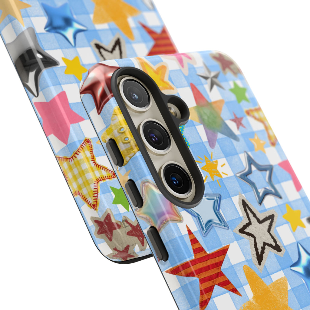 Star Pattern Phone Case – Colorful Stars on Blue Gingham Phone Case