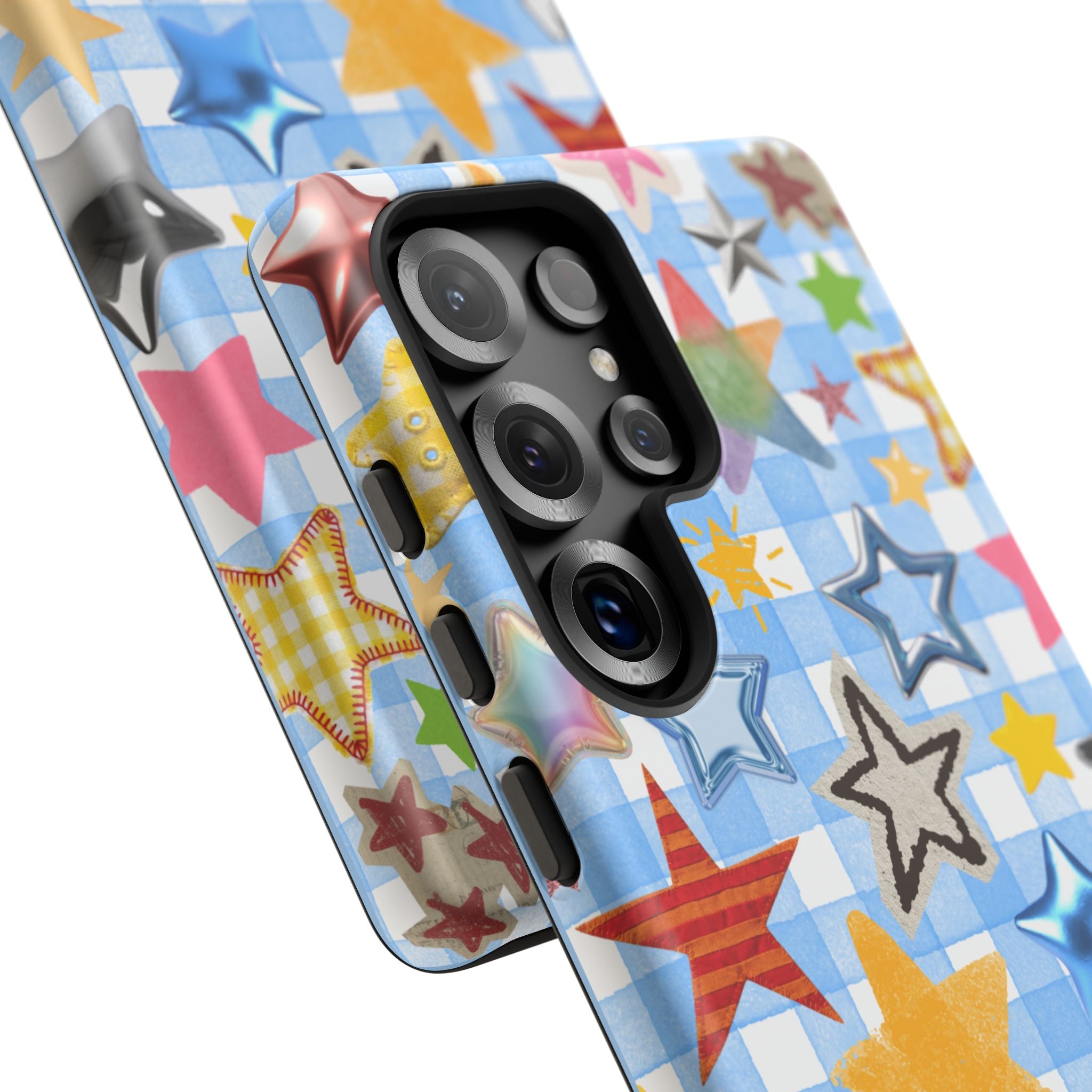 Star Pattern Phone Case – Colorful Stars on Blue Gingham Phone Case