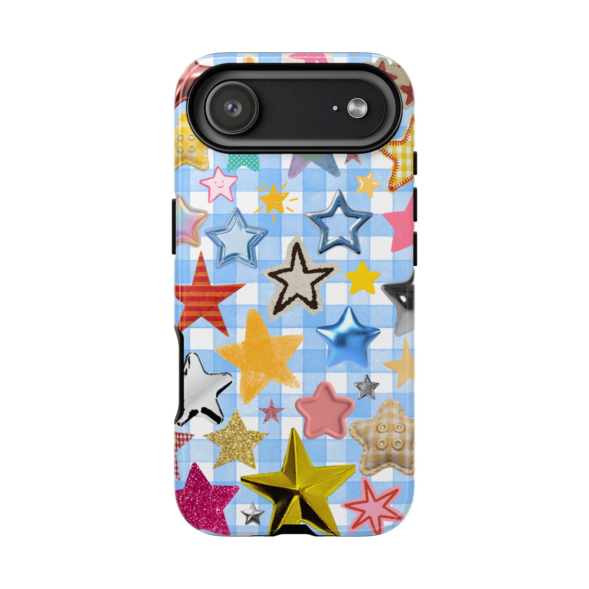 Star Pattern Phone Case – Colorful Stars on Blue Gingham Phone Case