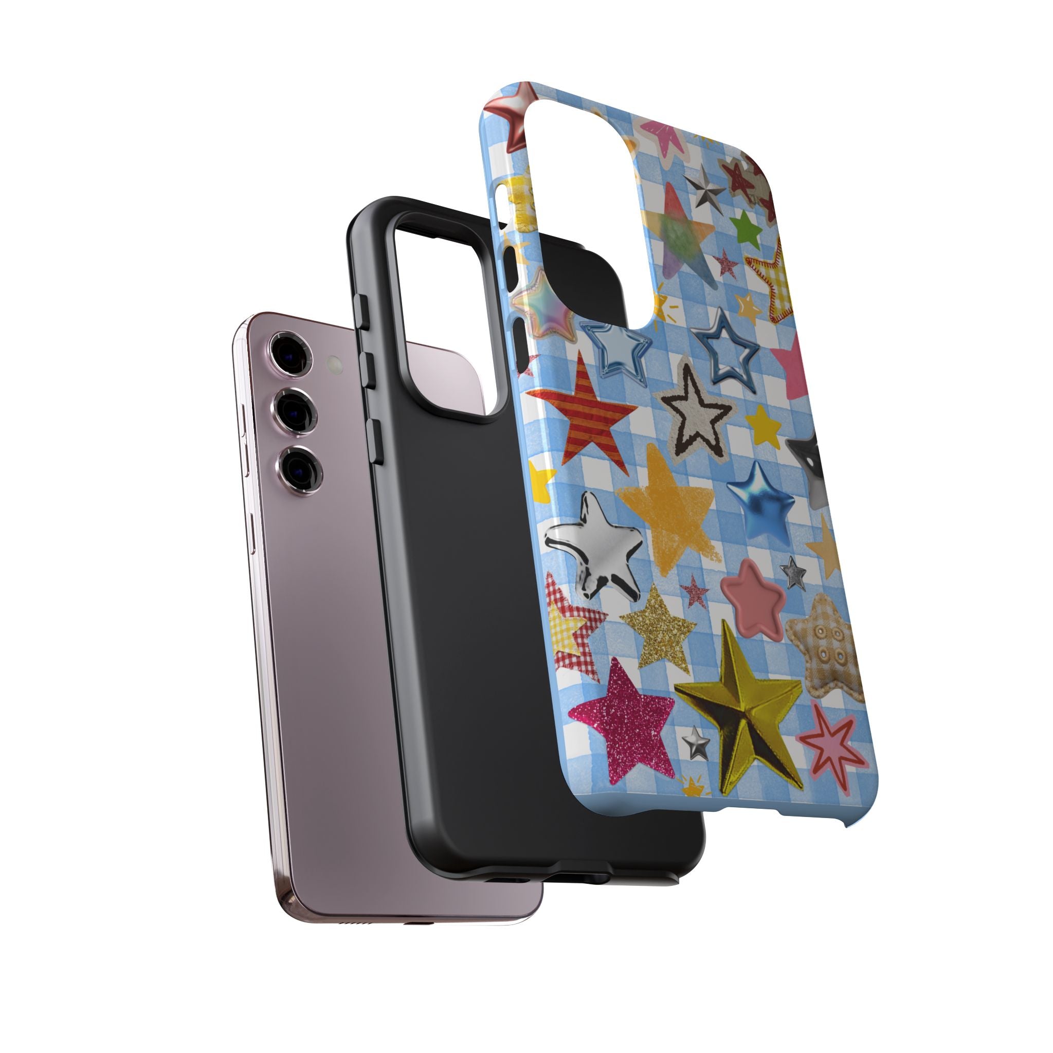 Star Pattern Phone Case – Colorful Stars on Blue Gingham Phone Case