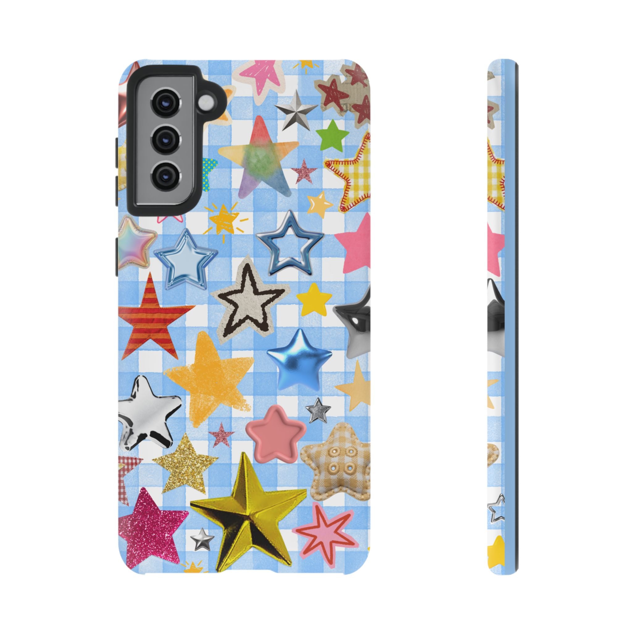 Star Pattern Phone Case – Colorful Stars on Blue Gingham Phone Case