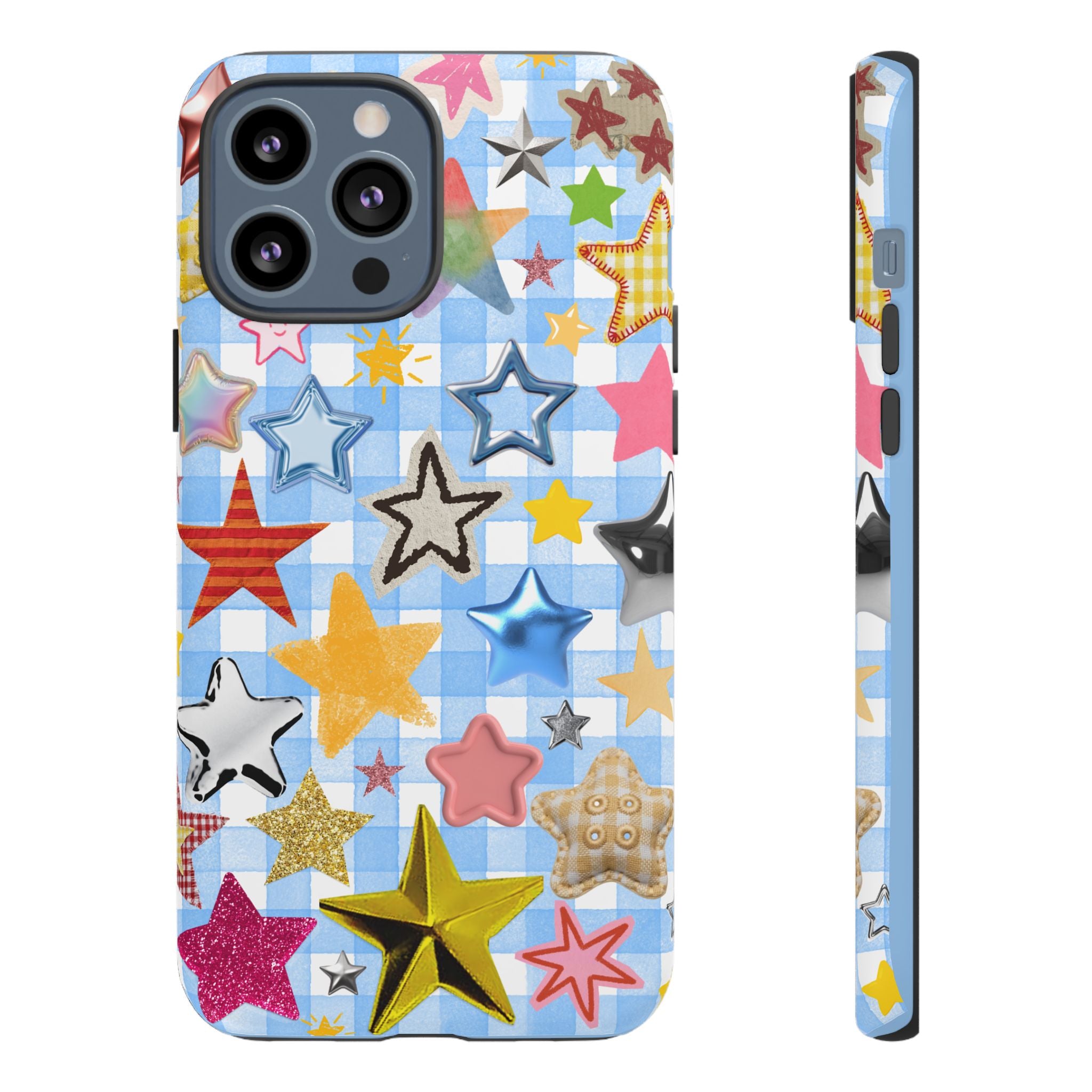 Star Pattern Phone Case – Colorful Stars on Blue Gingham Phone Case