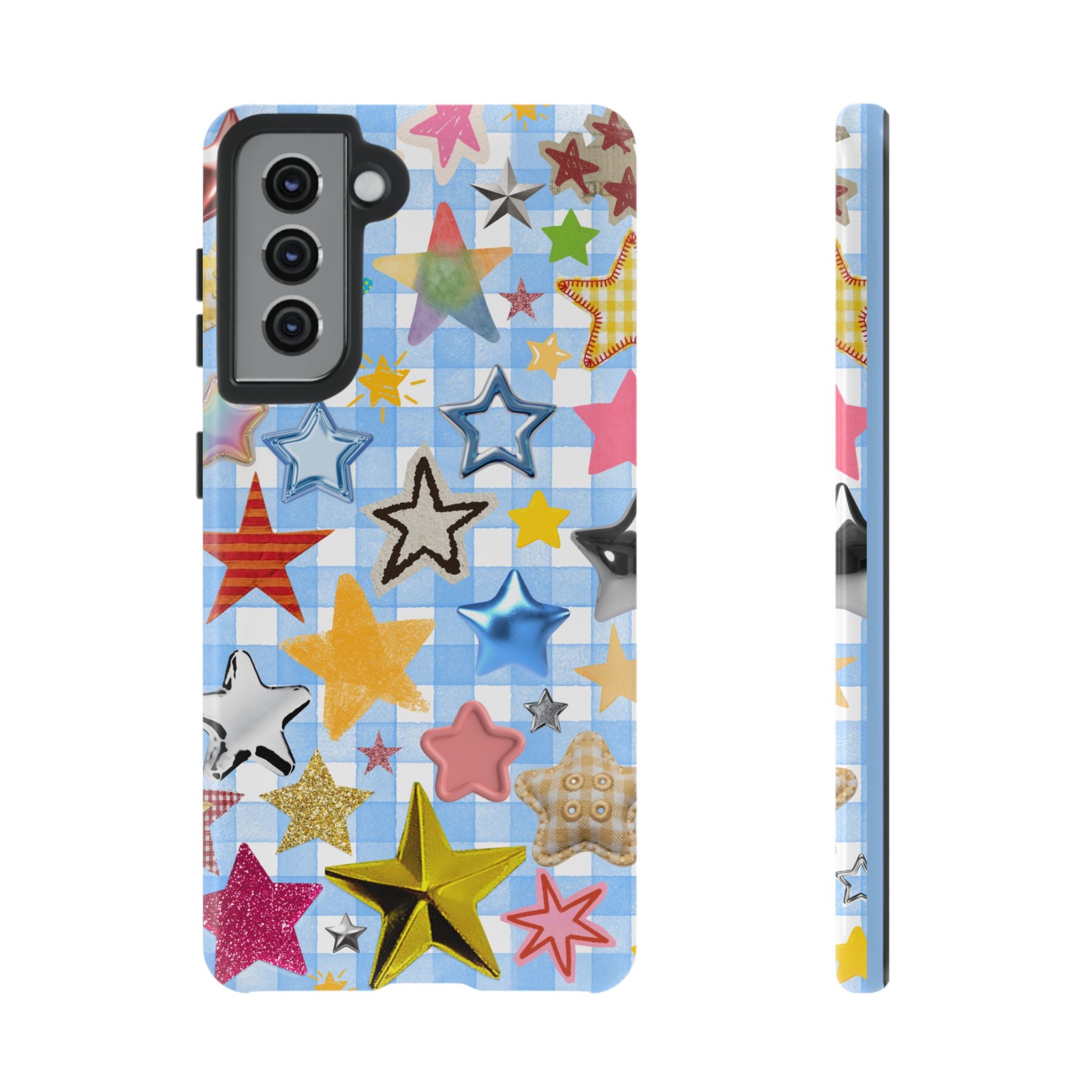 Star Pattern Phone Case – Colorful Stars on Blue Gingham Phone Case