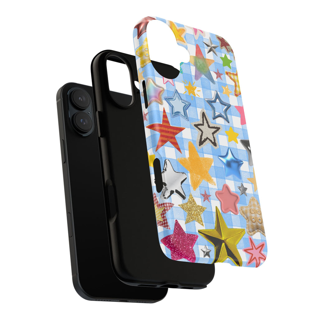 Star Pattern Phone Case – Colorful Stars on Blue Gingham Phone Case