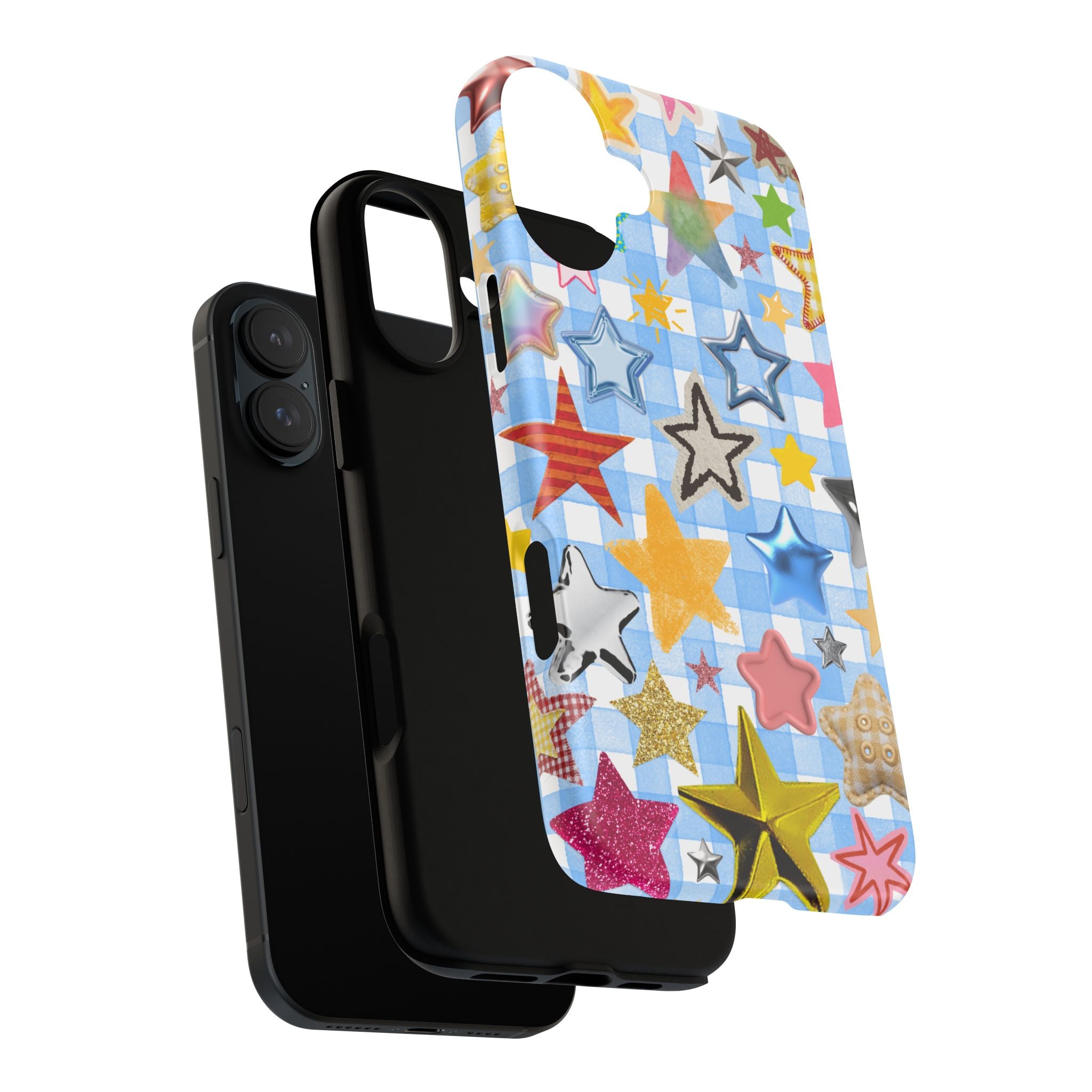 Star Pattern Phone Case – Colorful Stars on Blue Gingham Phone Case