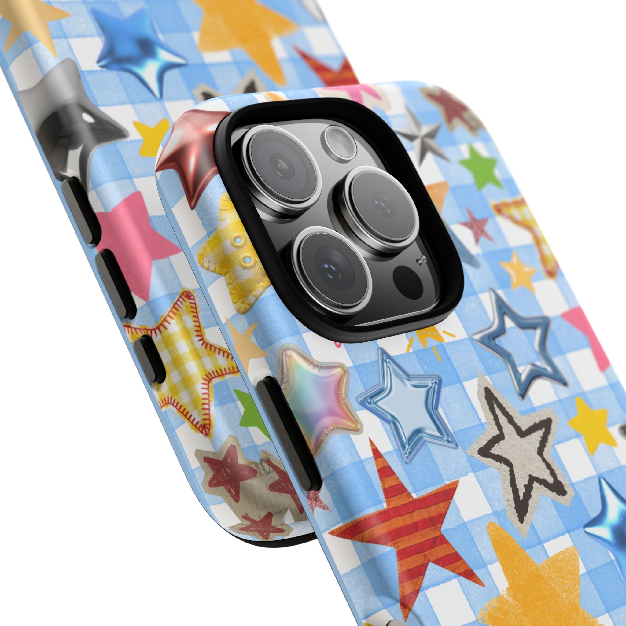 Star Pattern Phone Case – Colorful Stars on Blue Gingham Phone Case