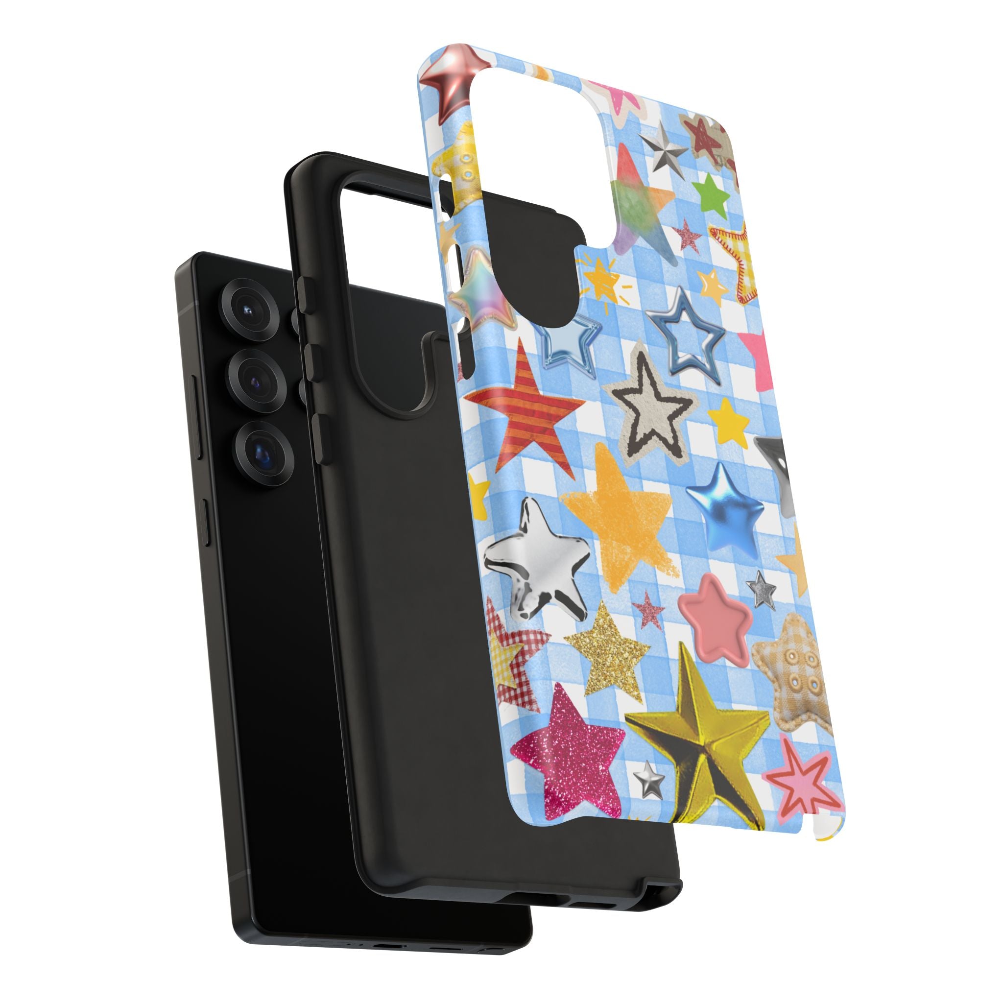 Star Pattern Phone Case – Colorful Stars on Blue Gingham Phone Case