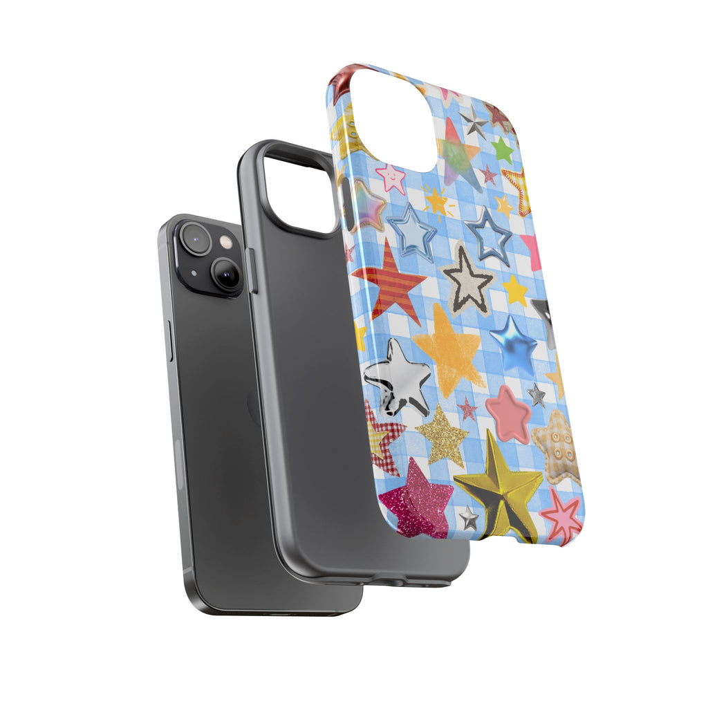 Star Pattern Phone Case – Colorful Stars on Blue Gingham Phone Case