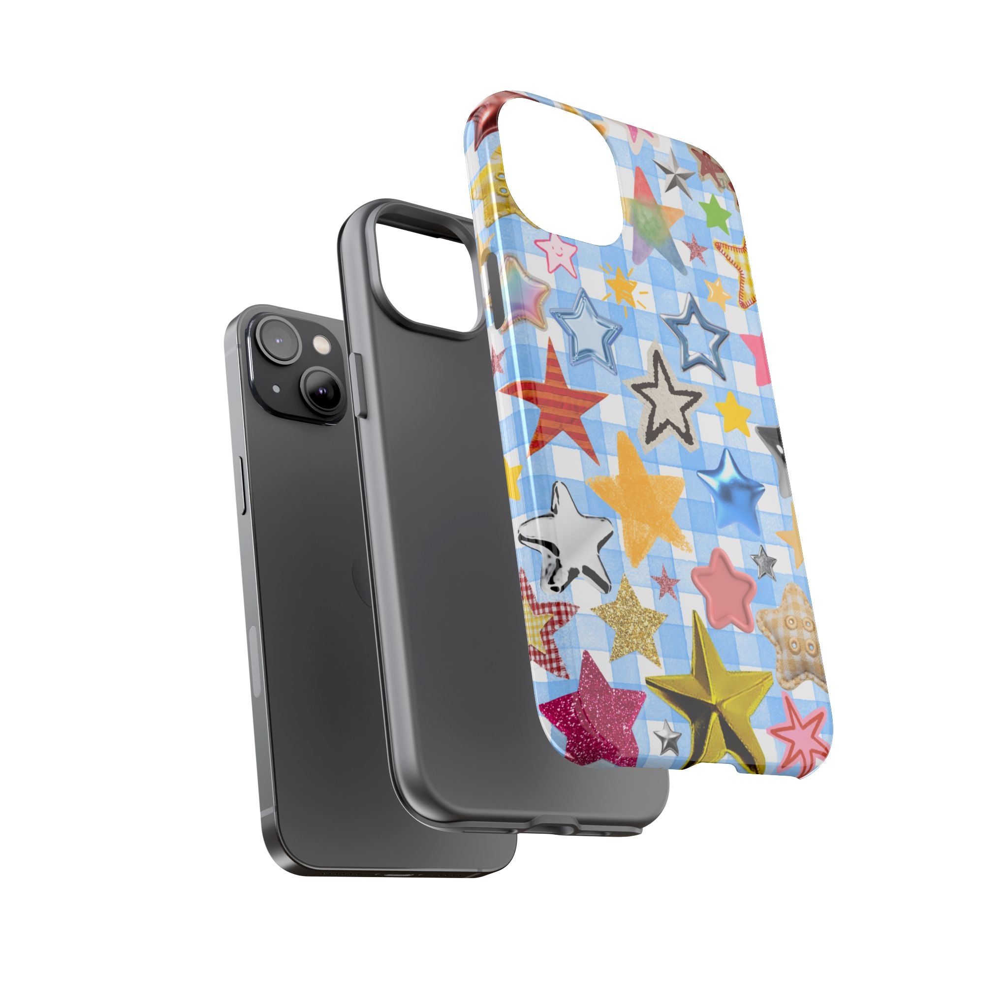 Star Pattern Phone Case – Colorful Stars on Blue Gingham Phone Case