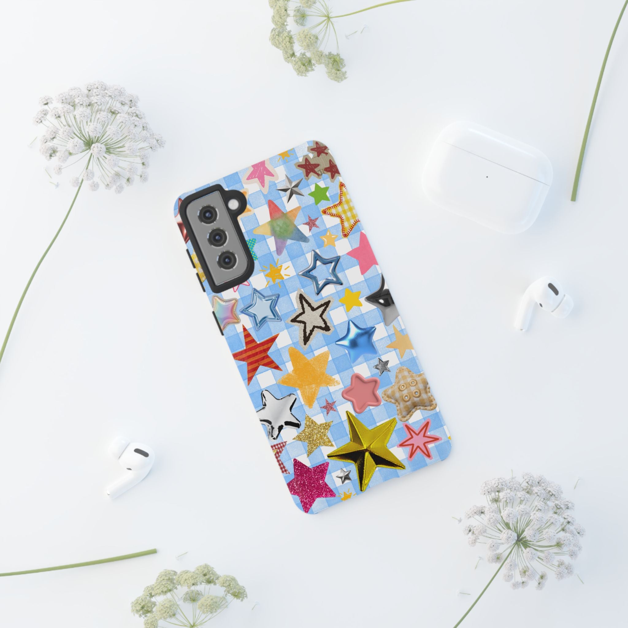 Star Pattern Phone Case – Colorful Stars on Blue Gingham Phone Case