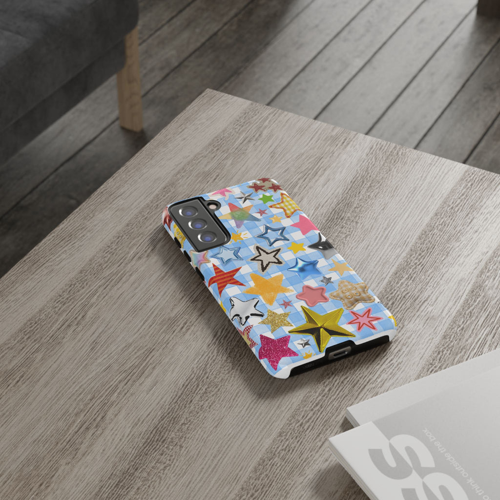 Star Pattern Phone Case – Colorful Stars on Blue Gingham Phone Case