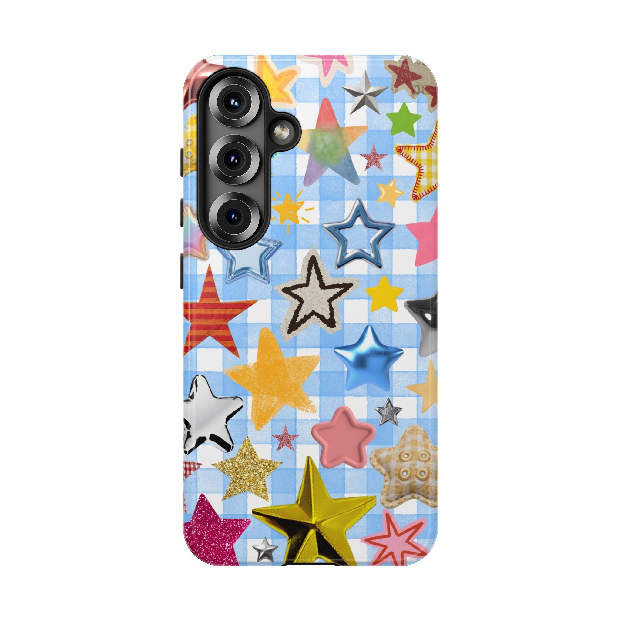 Star Pattern Phone Case – Colorful Stars on Blue Gingham Phone Case