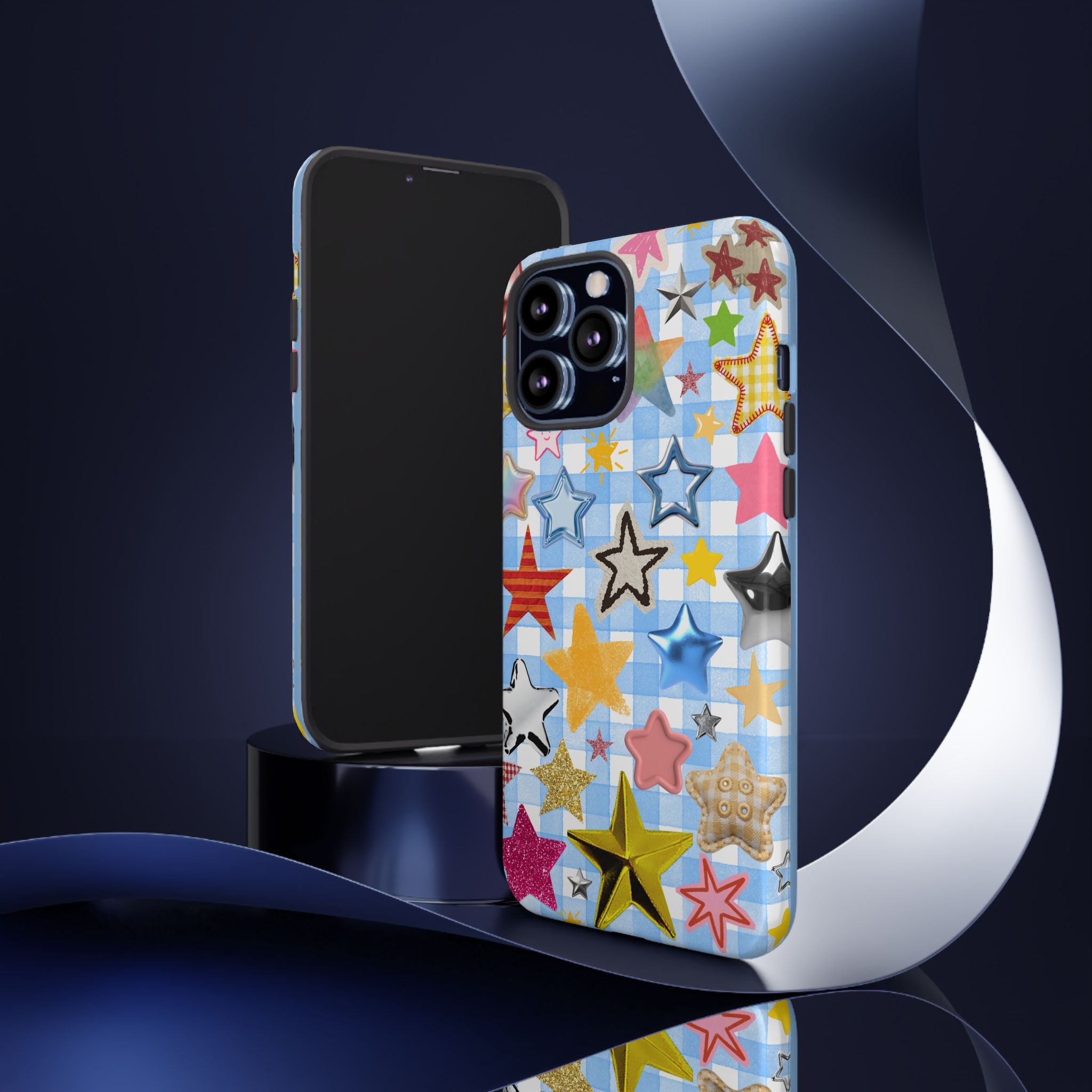 Star Pattern Phone Case – Colorful Stars on Blue Gingham Phone Case