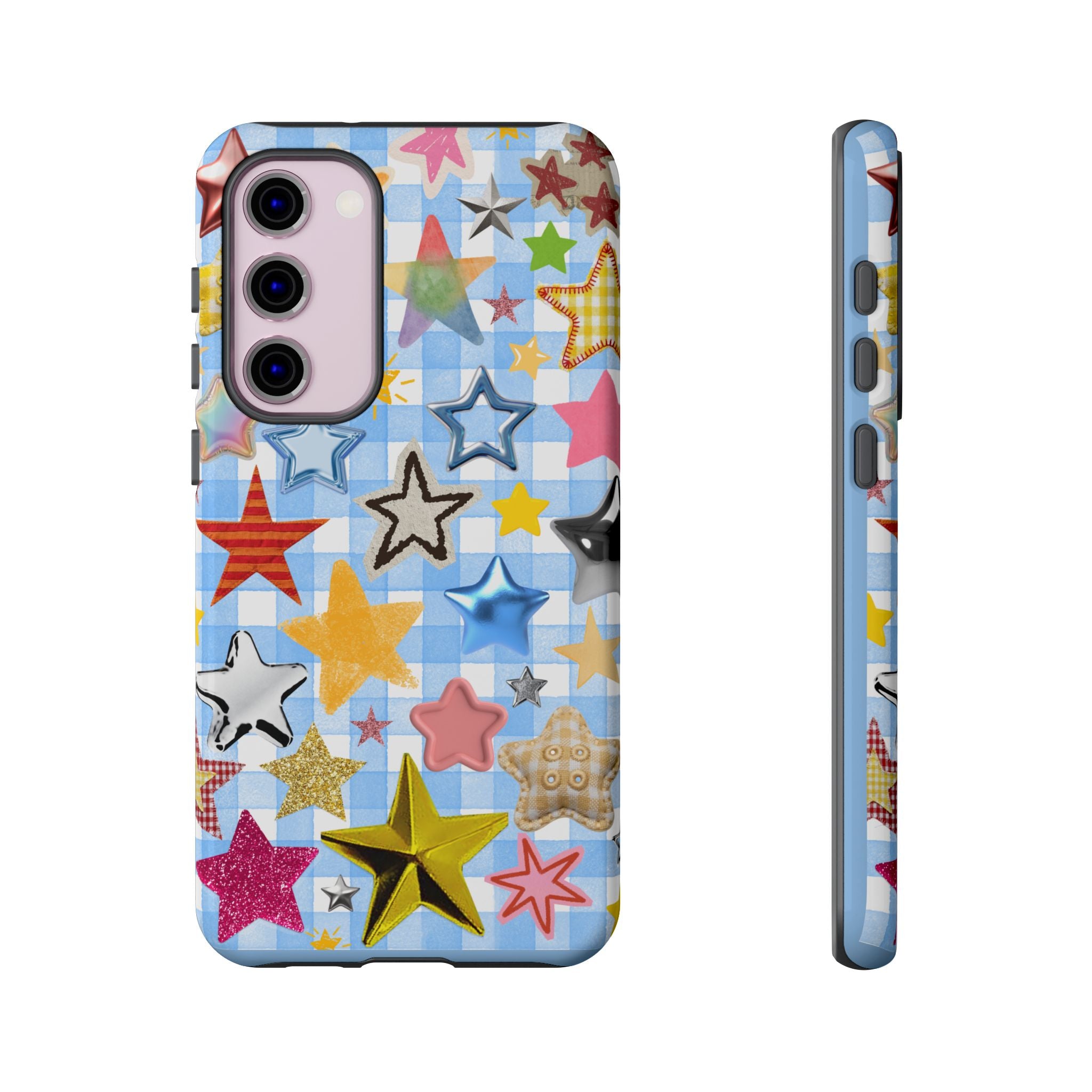 Star Pattern Phone Case – Colorful Stars on Blue Gingham Phone Case