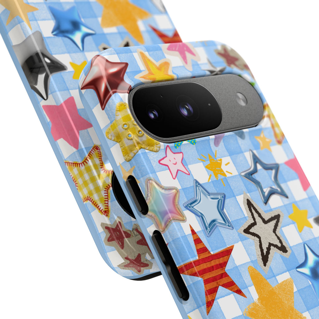 Star Pattern Phone Case – Colorful Stars on Blue Gingham Phone Case