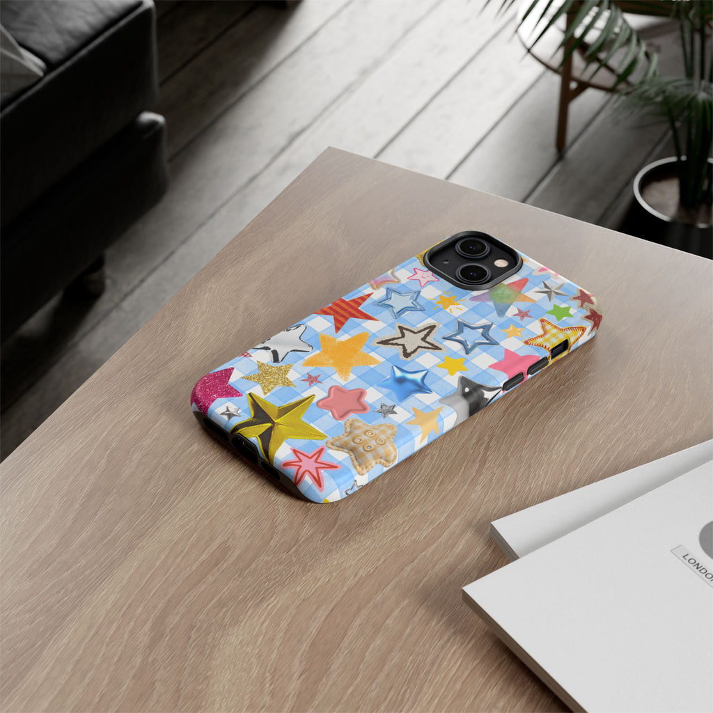Star Pattern Phone Case – Colorful Stars on Blue Gingham Phone Case