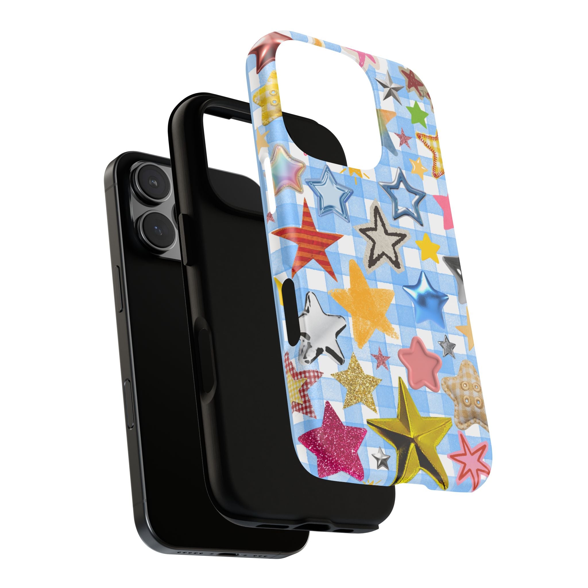 Star Pattern Phone Case – Colorful Stars on Blue Gingham Phone Case