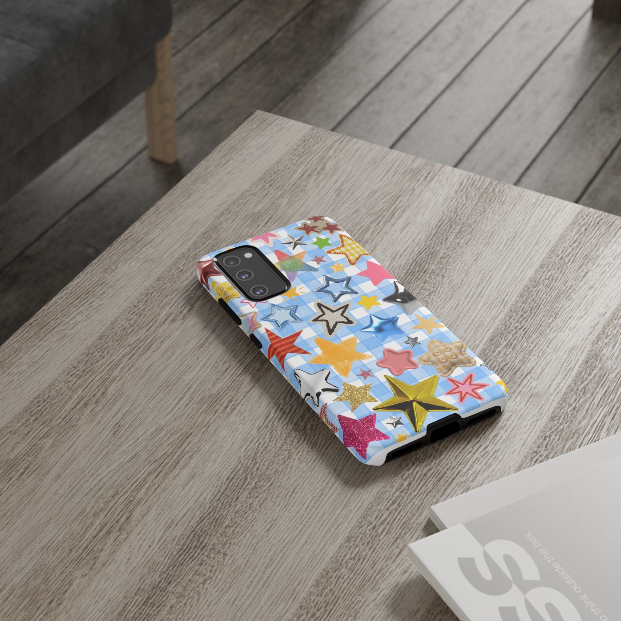 Star Pattern Phone Case – Colorful Stars on Blue Gingham Phone Case