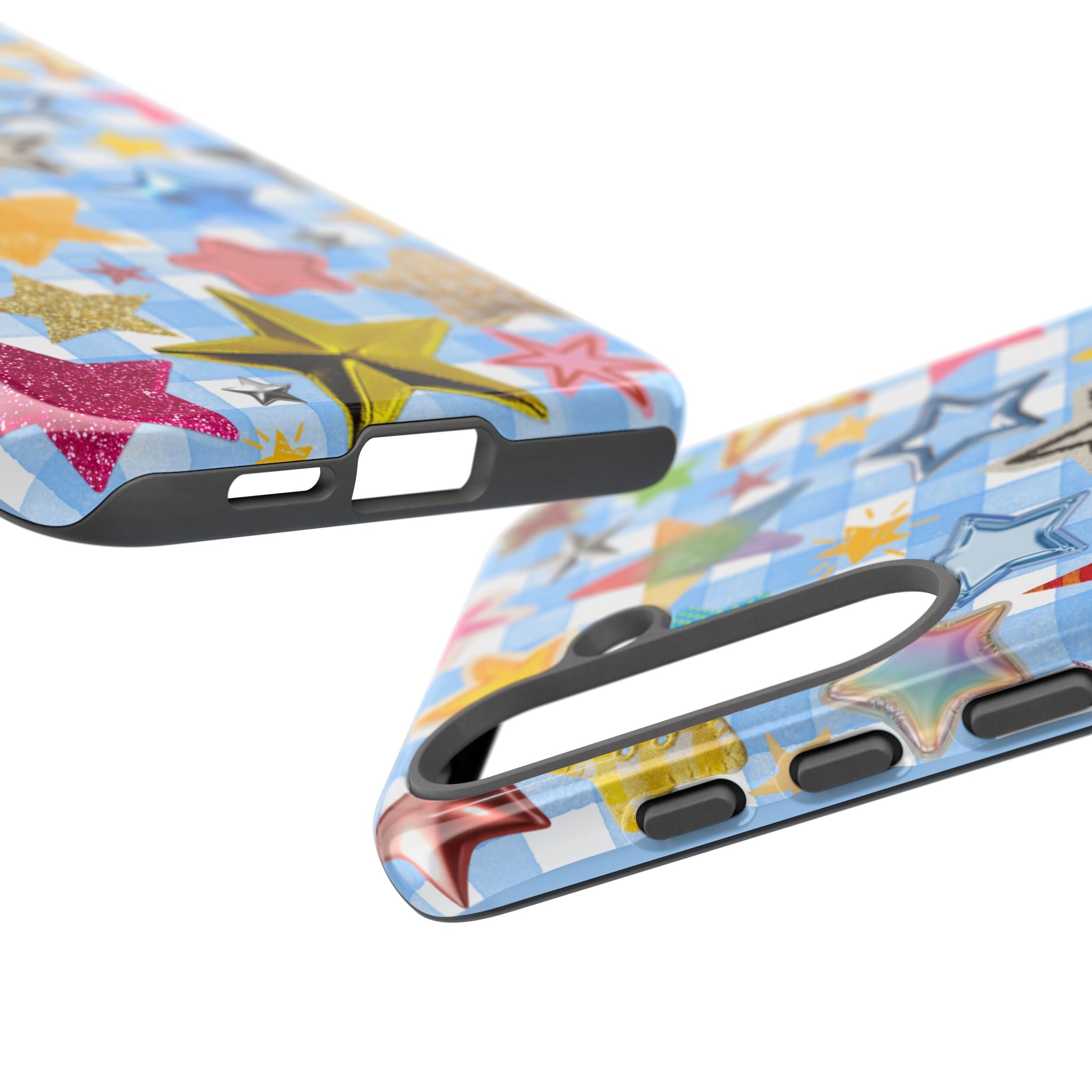 Star Pattern Phone Case – Colorful Stars on Blue Gingham Phone Case