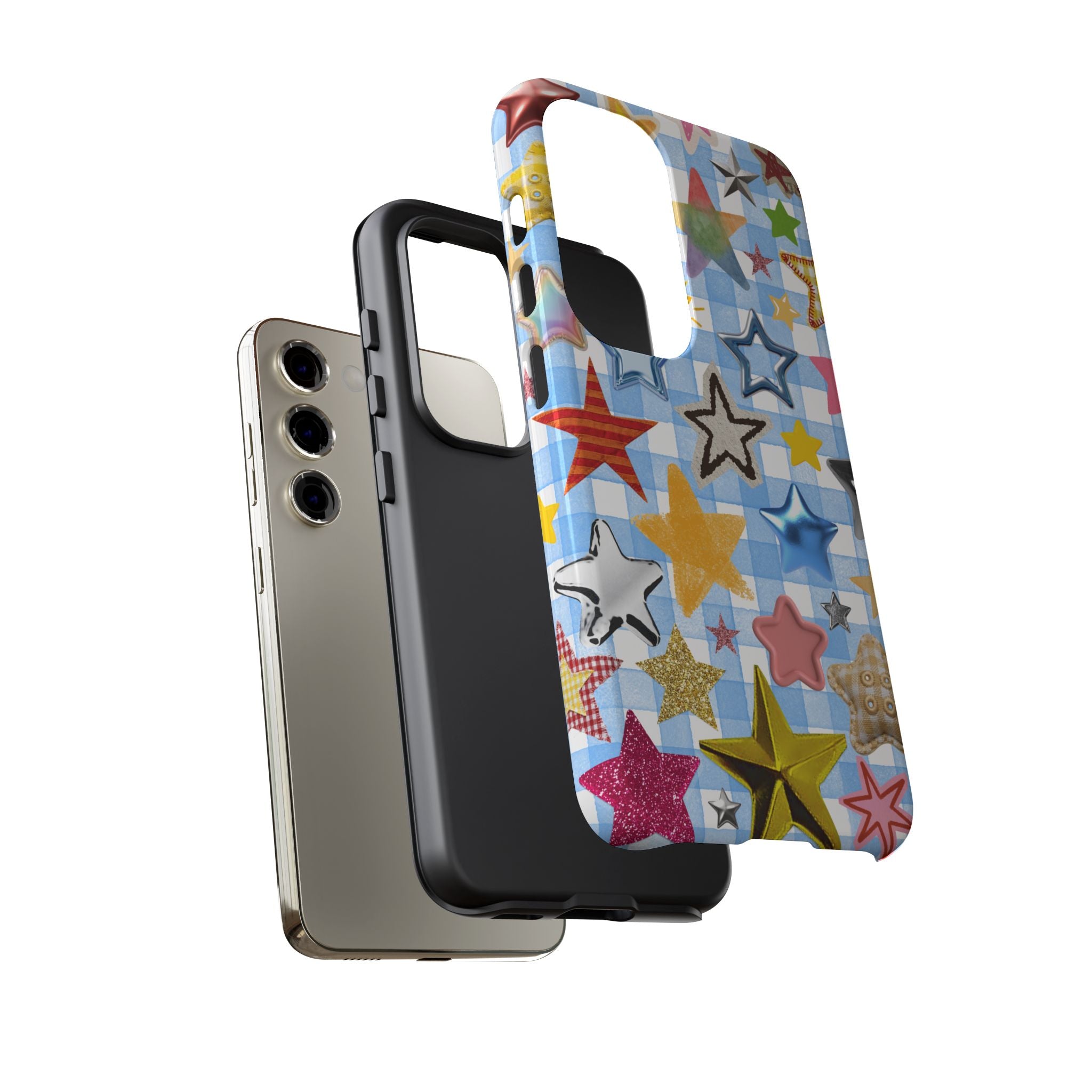 Star Pattern Phone Case – Colorful Stars on Blue Gingham Phone Case