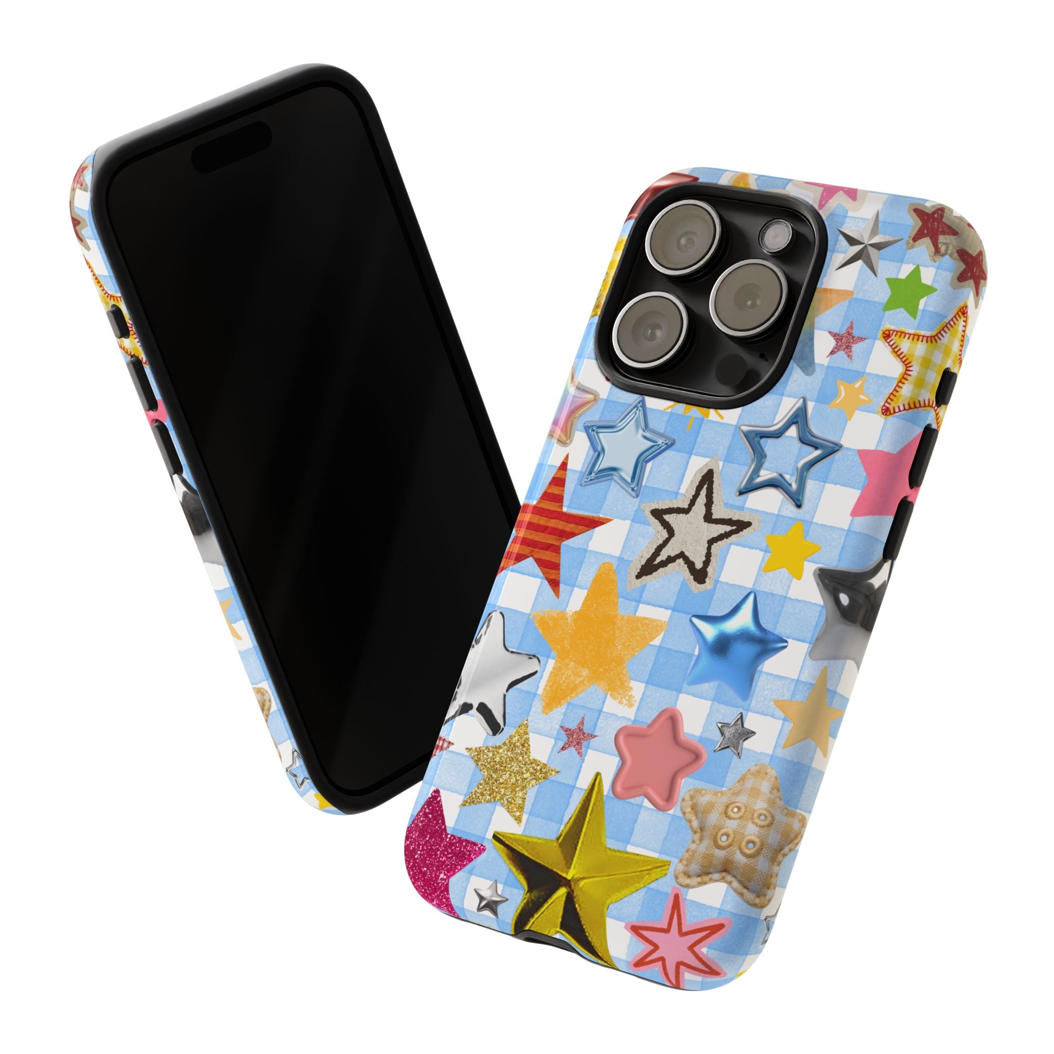 Star Pattern Phone Case – Colorful Stars on Blue Gingham Phone Case