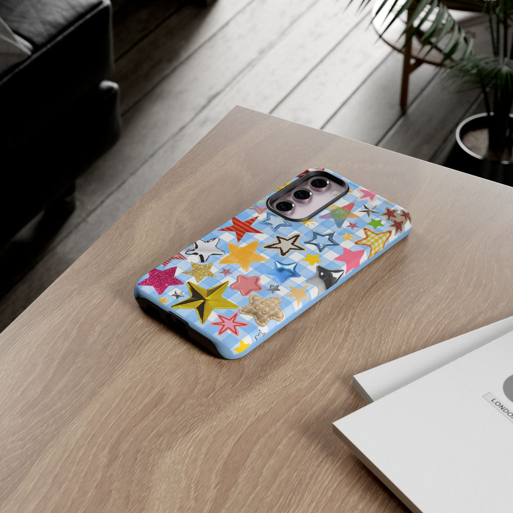 Star Pattern Phone Case – Colorful Stars on Blue Gingham Phone Case