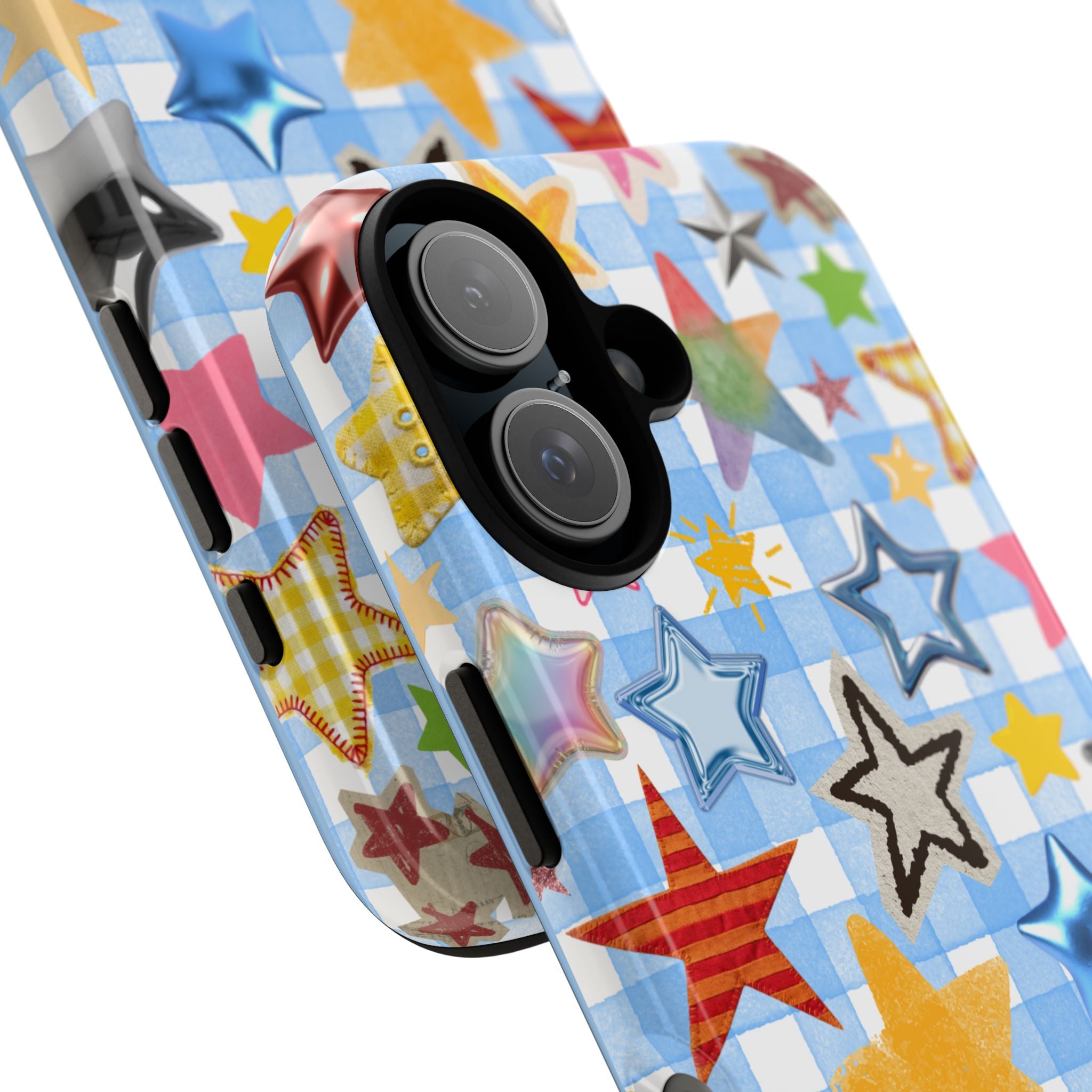 Star Pattern Phone Case – Colorful Stars on Blue Gingham Phone Case