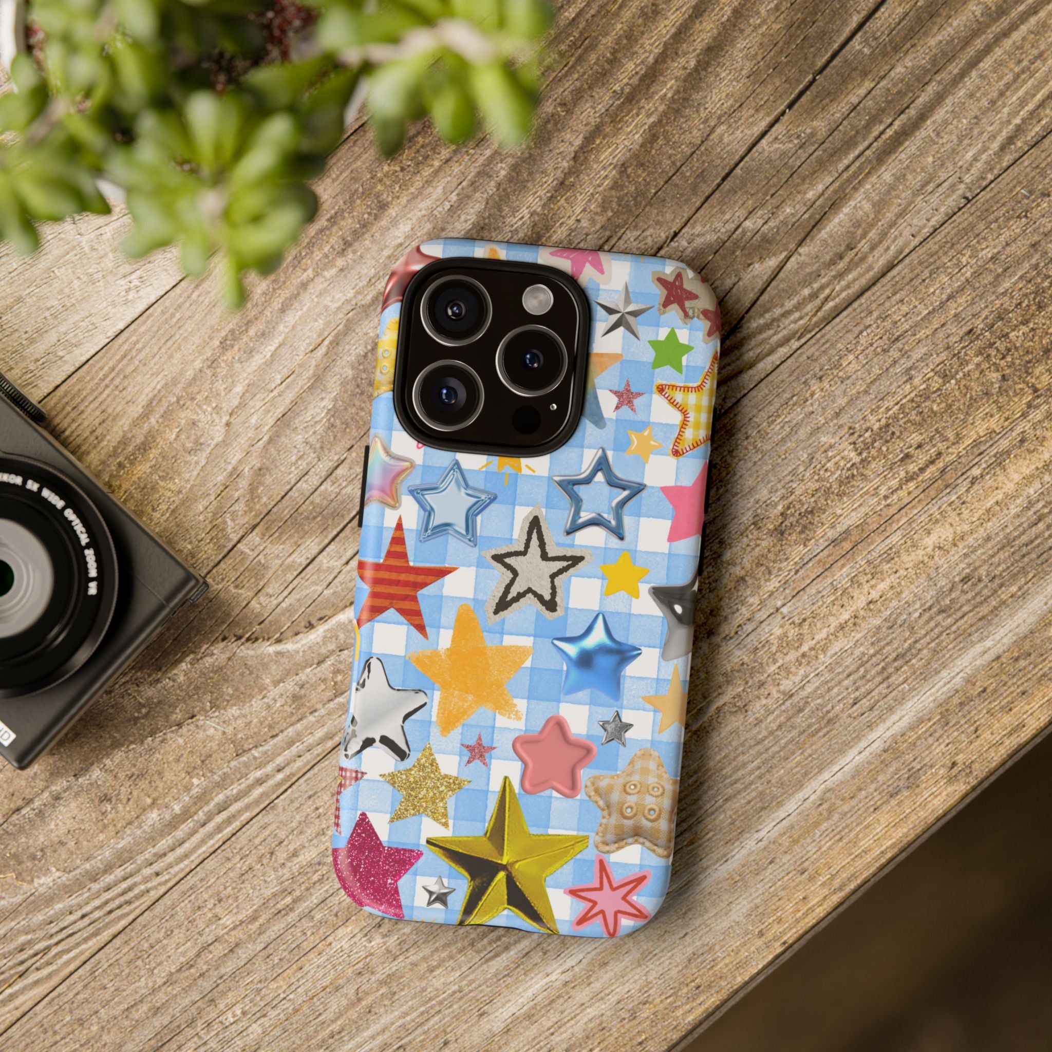 Star Pattern Phone Case – Colorful Stars on Blue Gingham Phone Case