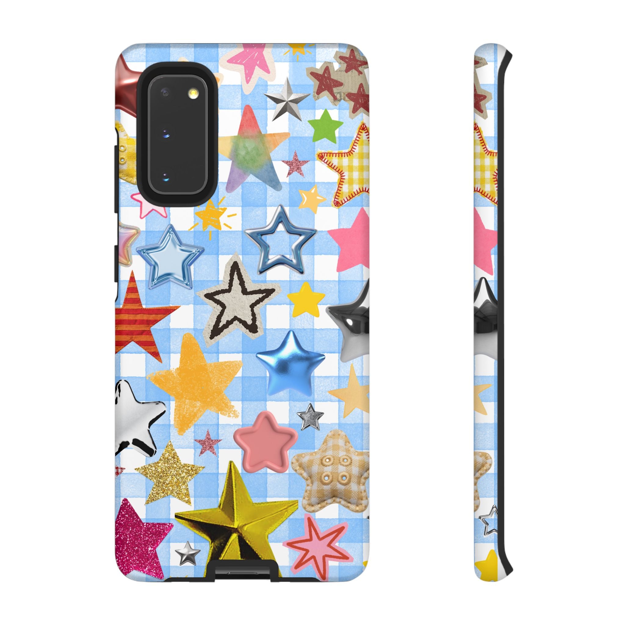 Star Pattern Phone Case – Colorful Stars on Blue Gingham Phone Case